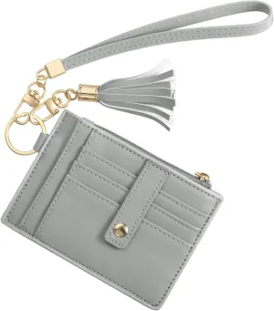 Small Credit Card Wallet Slim Wallet with Wristlet Strap, PU Leather Minimalist Card Holder - 8 Card Slots & 1 ID Window & 1 Zipper Pocket, Grey