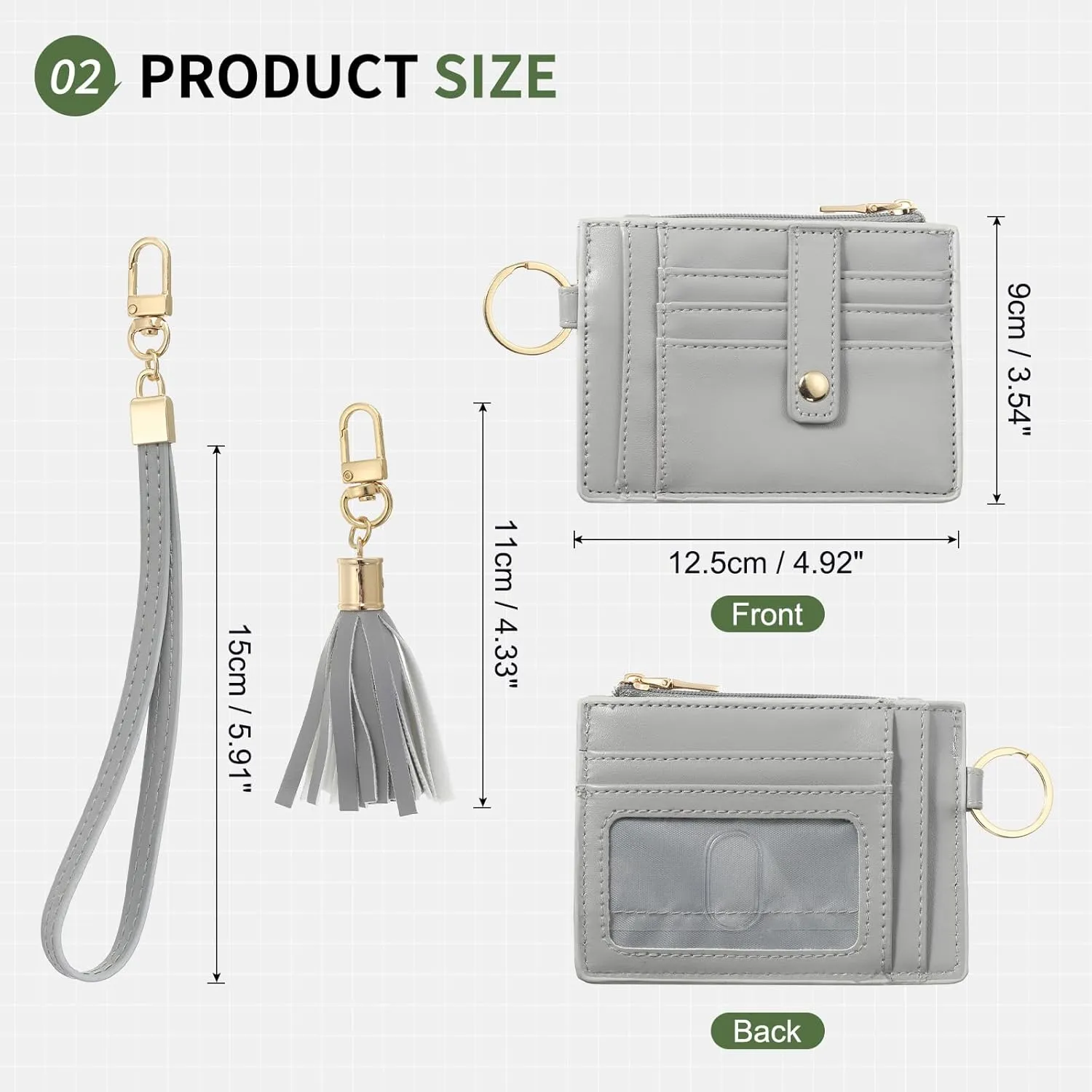 Small Credit Card Wallet Slim Wallet with Wristlet Strap, PU Leather Minimalist Card Holder - 8 Card Slots & 1 ID Window & 1 Zipper Pocket, Grey