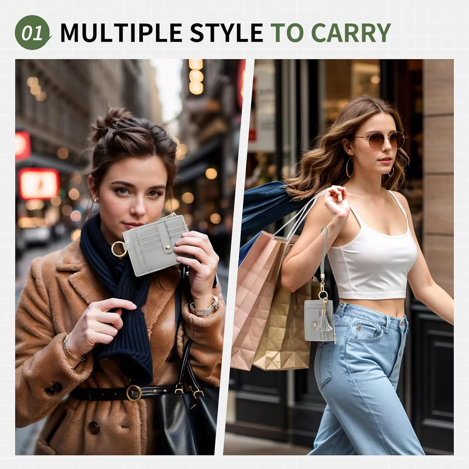 Small Credit Card Wallet Slim Wallet with Wristlet Strap, PU Leather Minimalist Card Holder - 8 Card Slots & 1 ID Window & 1 Zipper Pocket, Grey