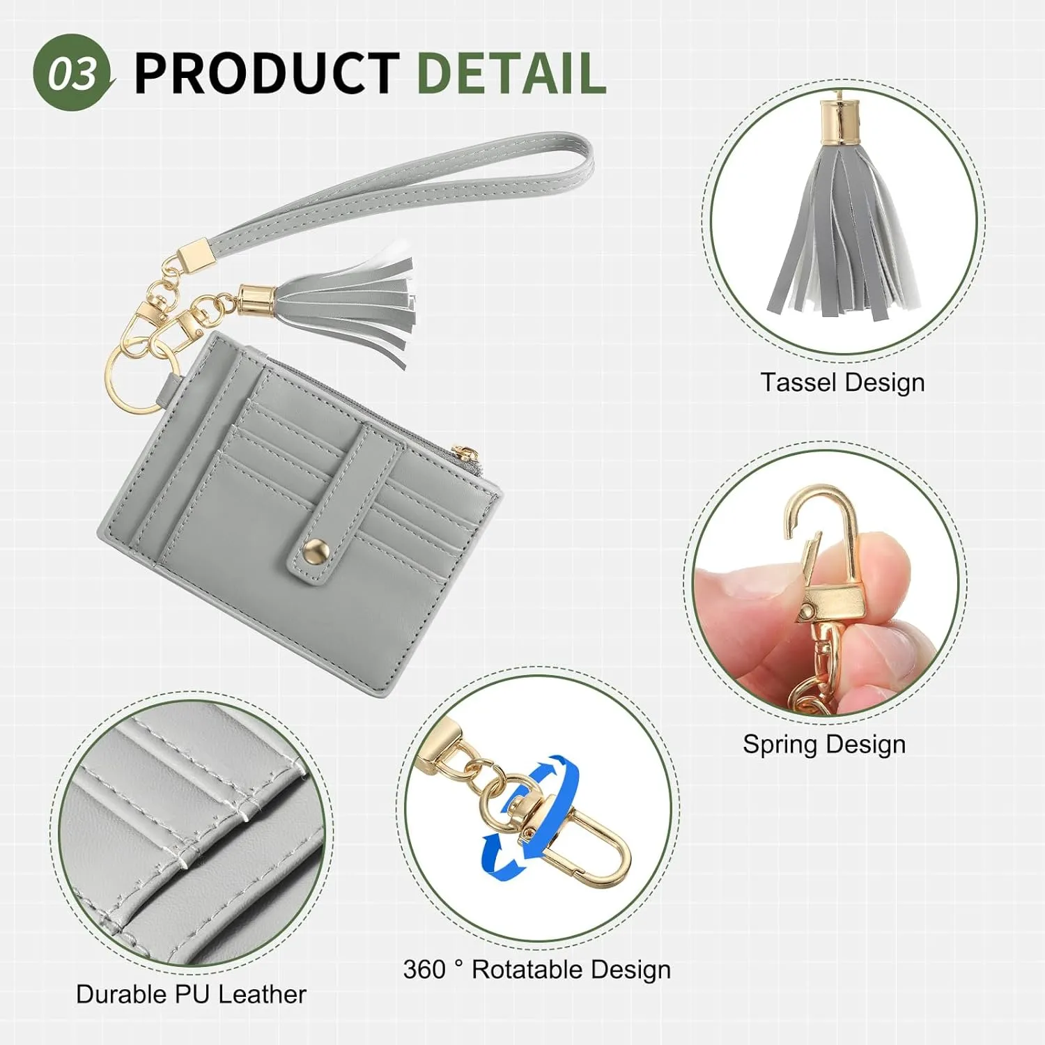 Small Credit Card Wallet Slim Wallet with Wristlet Strap, PU Leather Minimalist Card Holder - 8 Card Slots & 1 ID Window & 1 Zipper Pocket, Grey