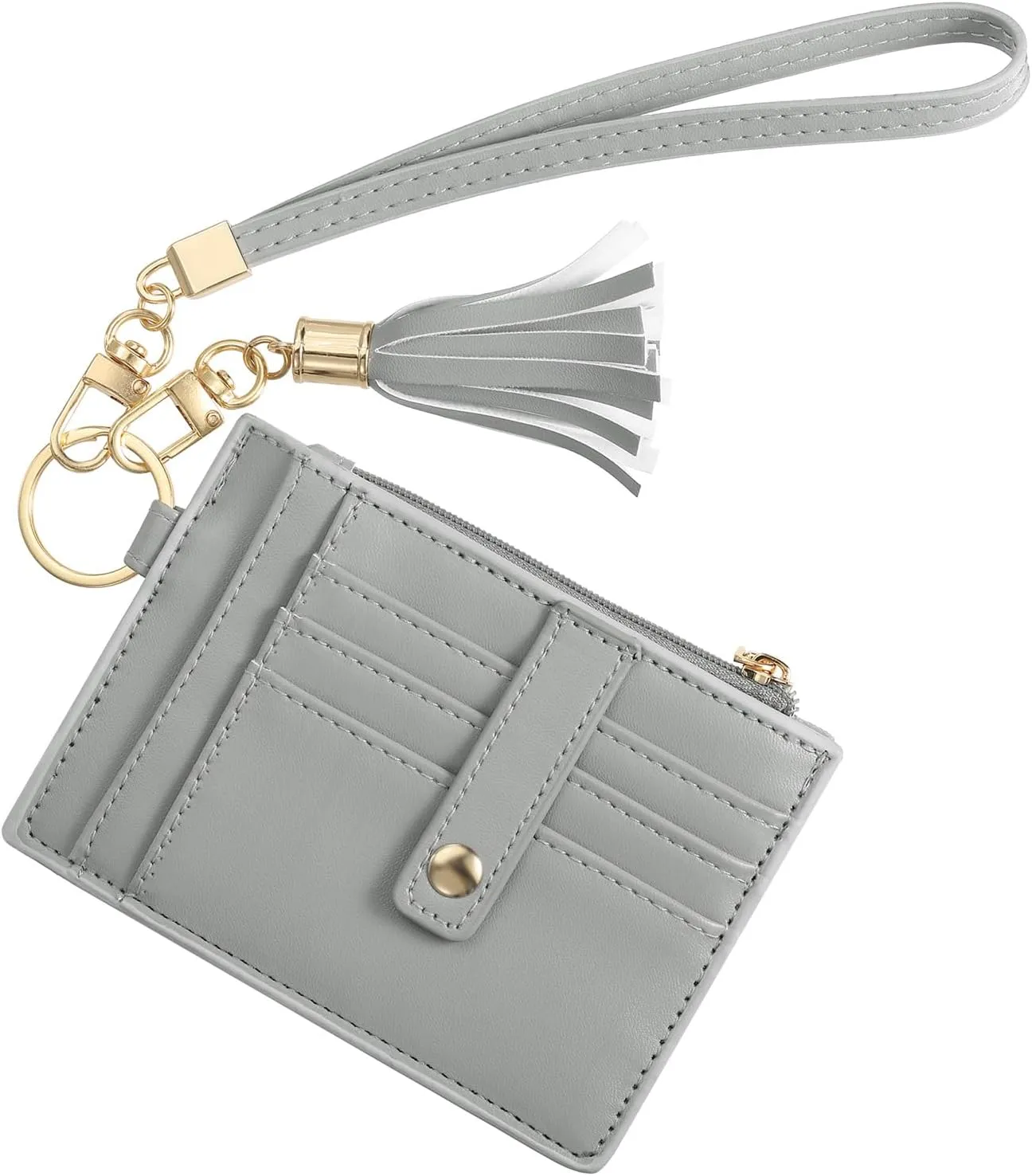 Small Credit Card Wallet Slim Wallet with Wristlet Strap, PU Leather Minimalist Card Holder - 8 Card Slots & 1 ID Window & 1 Zipper Pocket, Grey