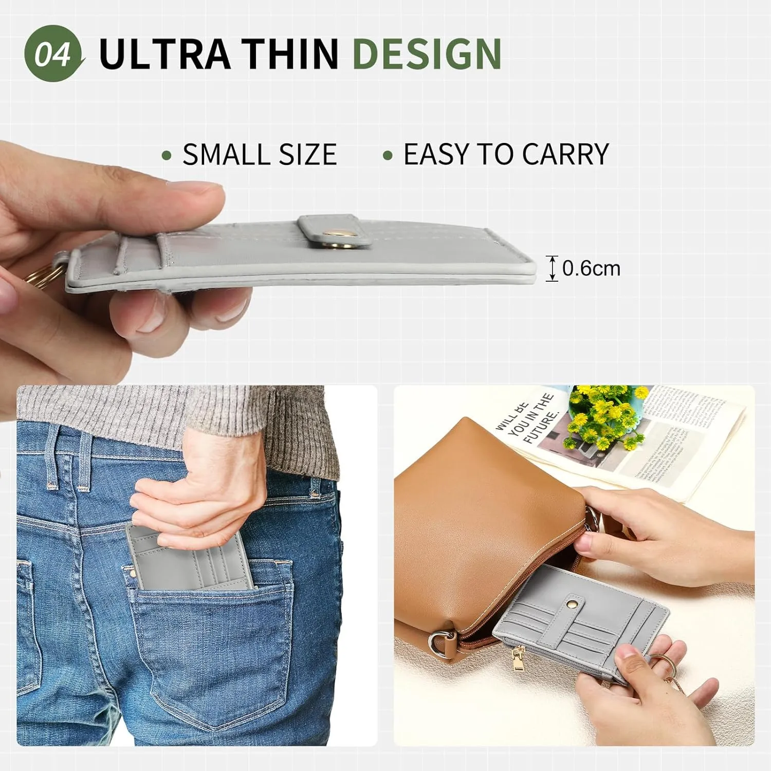 Small Credit Card Wallet Slim Wallet with Wristlet Strap, PU Leather Minimalist Card Holder - 8 Card Slots & 1 ID Window & 1 Zipper Pocket, Grey