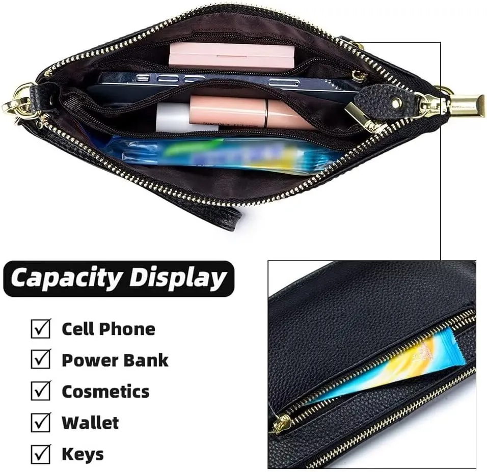 Small Crossbody Bag for Women Genuine Leather Clutch Purse Vintage Phone Bag with Detachable Wrist and Shoulder Straps