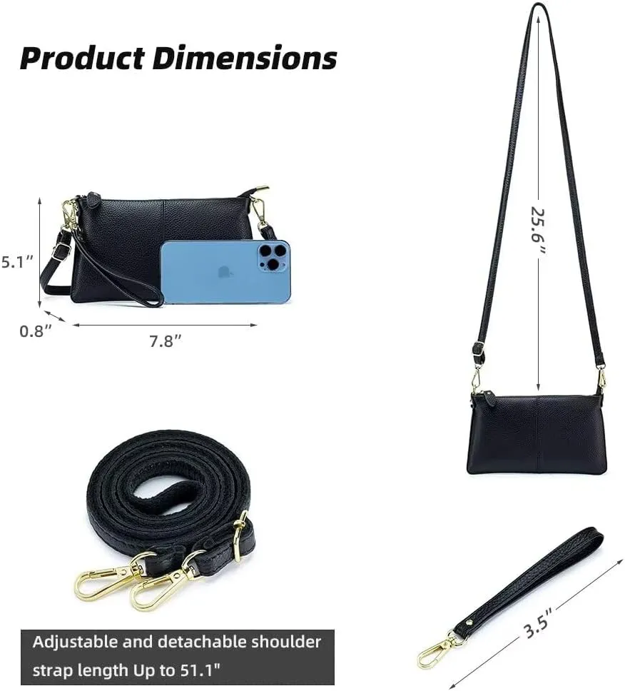 Small Crossbody Bag for Women Genuine Leather Clutch Purse Vintage Phone Bag with Detachable Wrist and Shoulder Straps