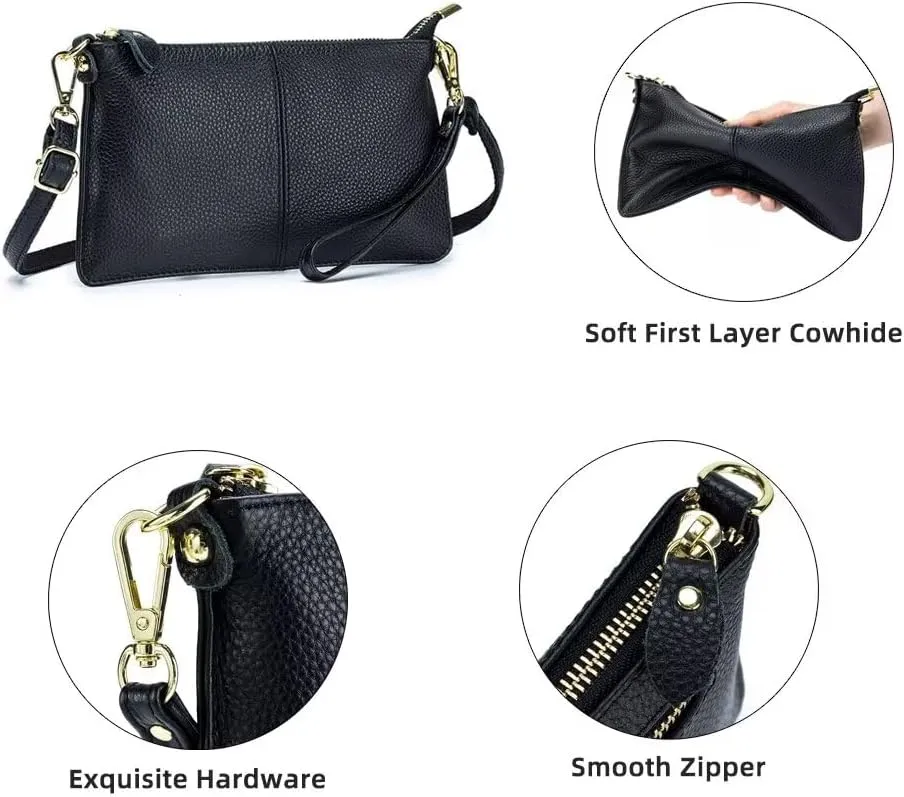 Small Crossbody Bag for Women Genuine Leather Clutch Purse Vintage Phone Bag with Detachable Wrist and Shoulder Straps