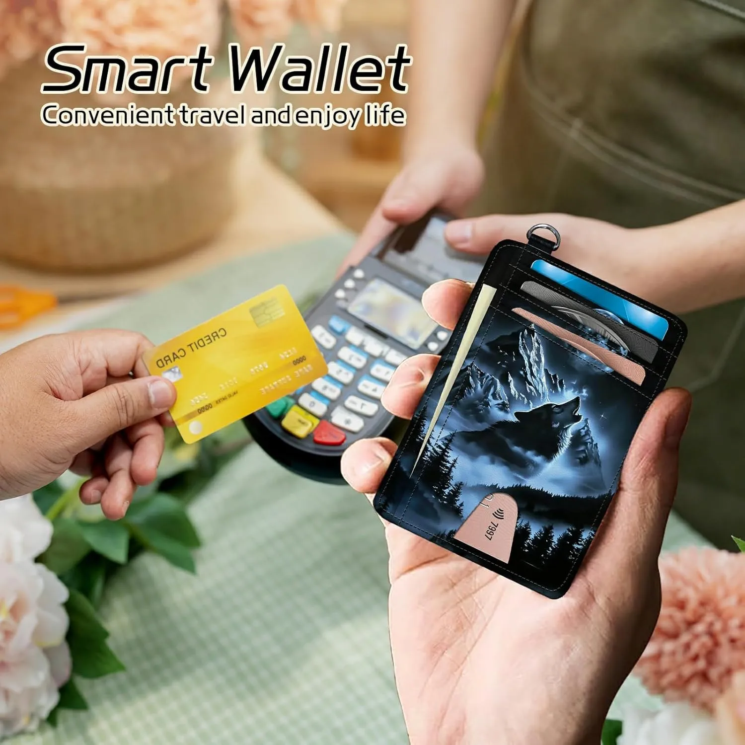 Small Travel Wallets, Abstract Lone Wolf Slim Minimalist Front Pocket Wallet with Wristlet, RFID Blocking PU Leather Credit Card Holder with ID Window Change Purse for Men Women