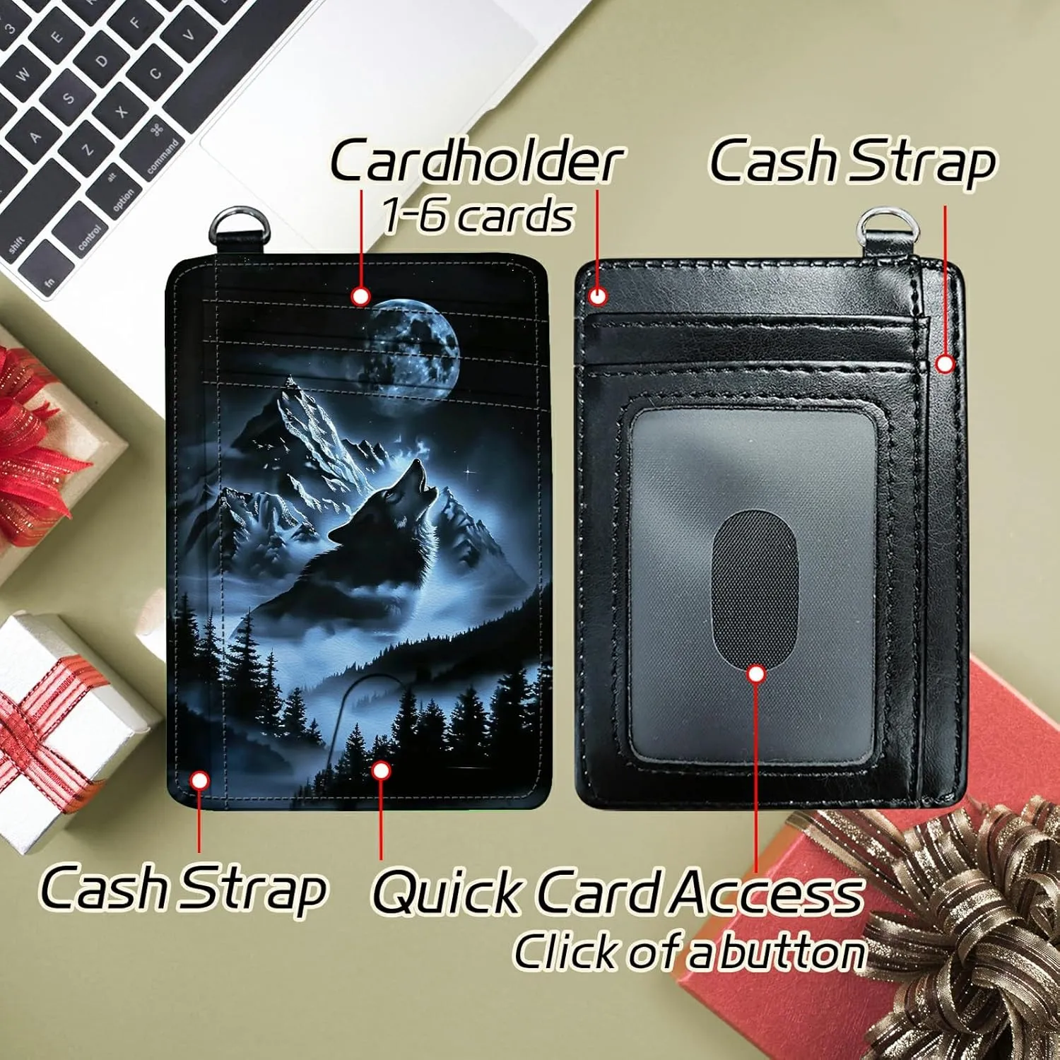 Small Travel Wallets, Abstract Lone Wolf Slim Minimalist Front Pocket Wallet with Wristlet, RFID Blocking PU Leather Credit Card Holder with ID Window Change Purse for Men Women