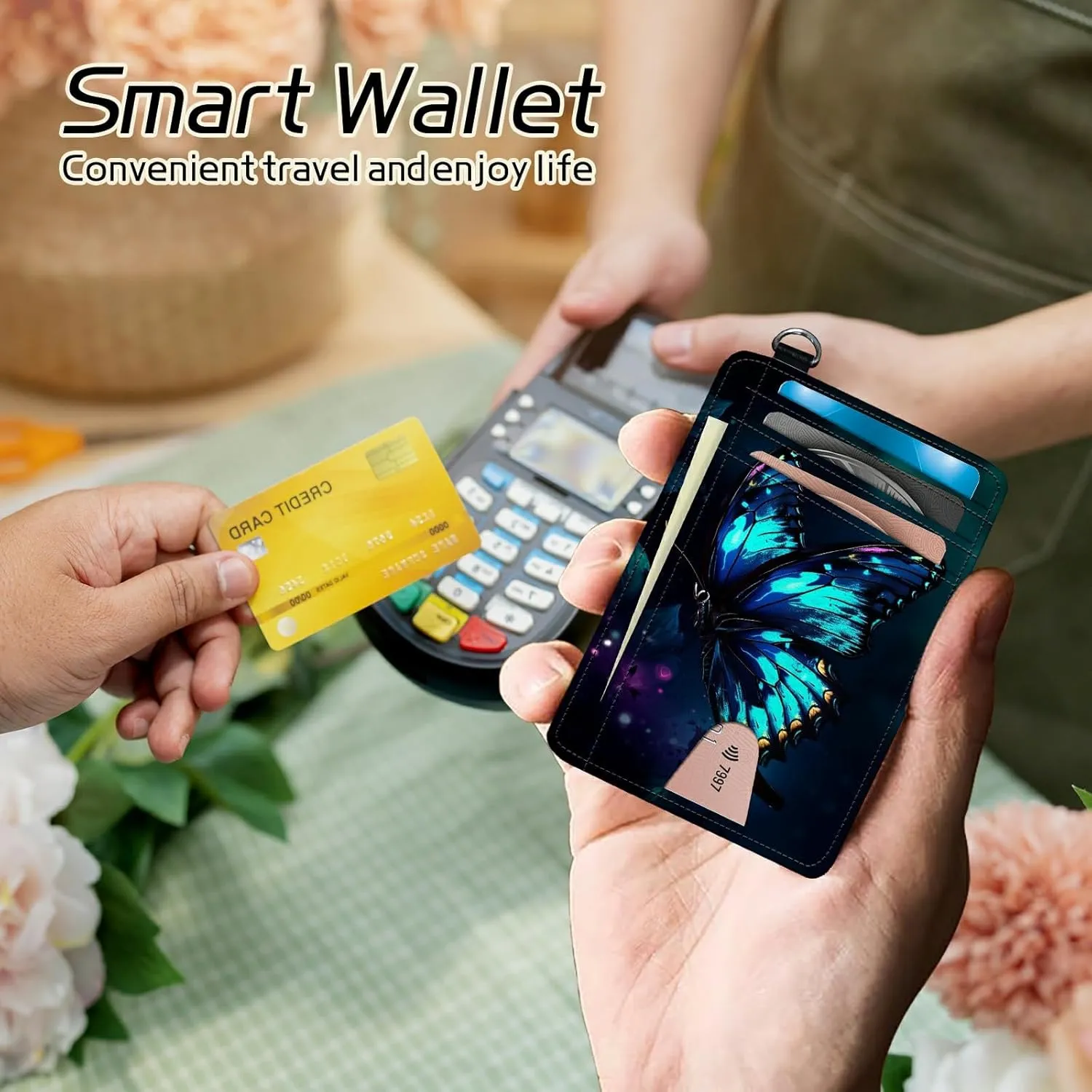 Small Travel Wallets, Art Blue Butterfly Slim Minimalist Front Pocket Wallet with Wristlet, RFID Blocking PU Leather Credit Card Holder with ID Window Change Purse for Men Women