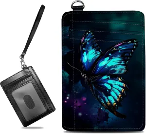 Small Travel Wallets, Art Blue Butterfly Slim Minimalist Front Pocket Wallet with Wristlet, RFID Blocking PU Leather Credit Card Holder with ID Window Change Purse for Men Women