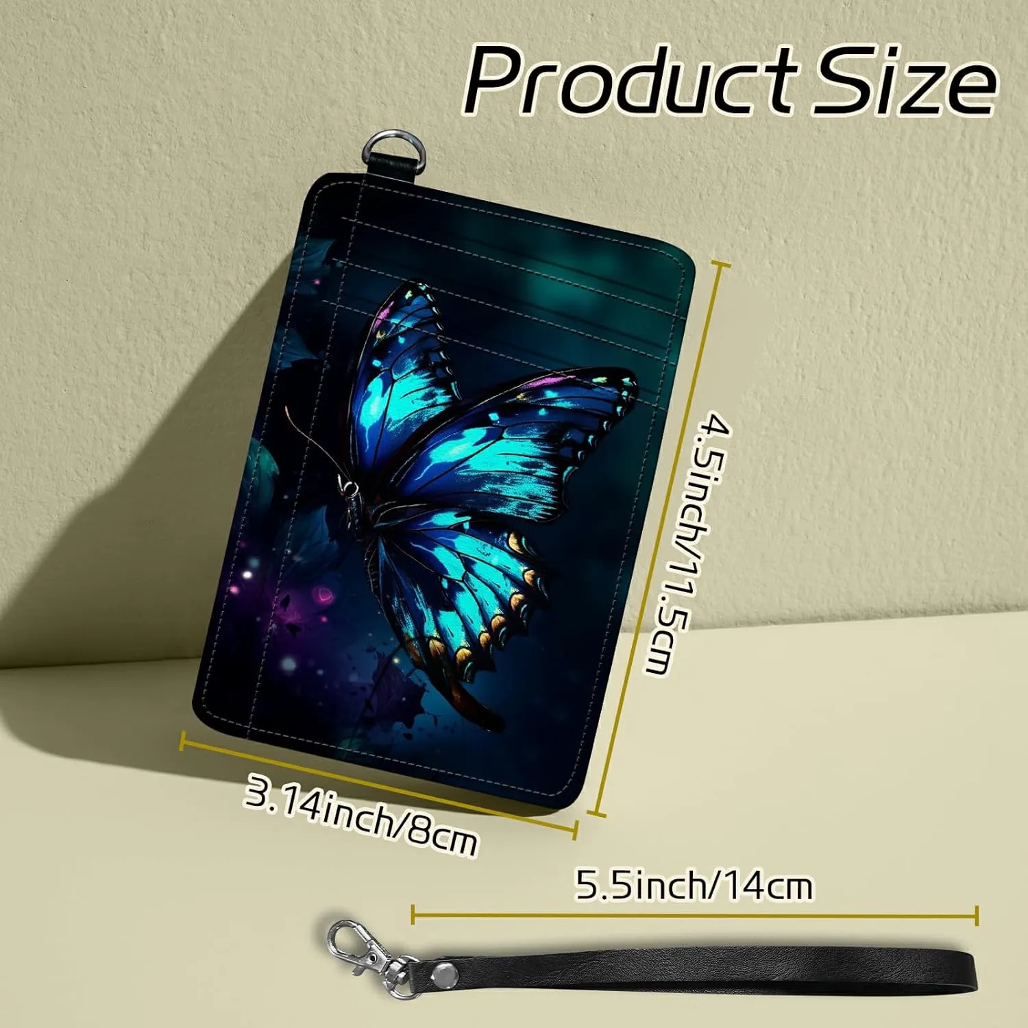 Small Travel Wallets, Art Blue Butterfly Slim Minimalist Front Pocket Wallet with Wristlet, RFID Blocking PU Leather Credit Card Holder with ID Window Change Purse for Men Women