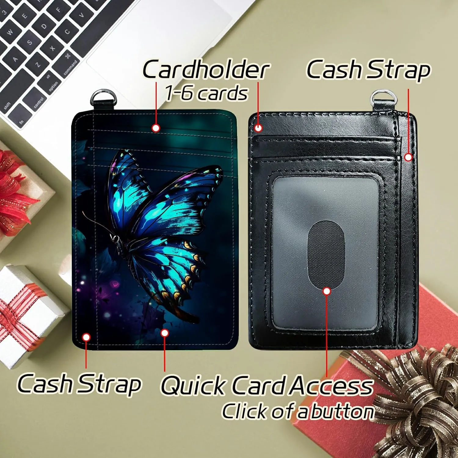 Small Travel Wallets, Art Blue Butterfly Slim Minimalist Front Pocket Wallet with Wristlet, RFID Blocking PU Leather Credit Card Holder with ID Window Change Purse for Men Women