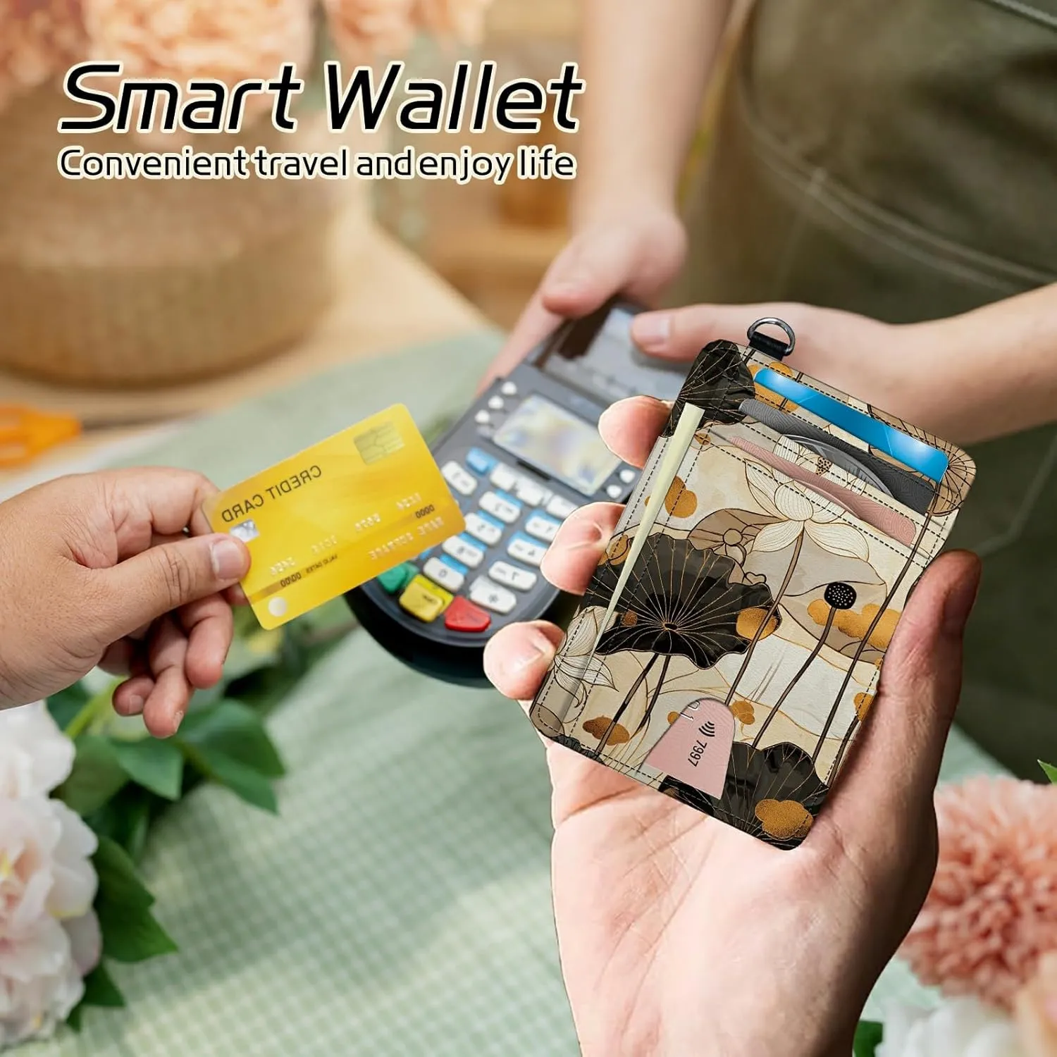 Small Travel Wallets, Art Lotus Slim Minimalist Front Pocket Wallet with Wristlet, RFID Blocking PU Leather Credit Card Holder with ID Window Change Purse for Men Women