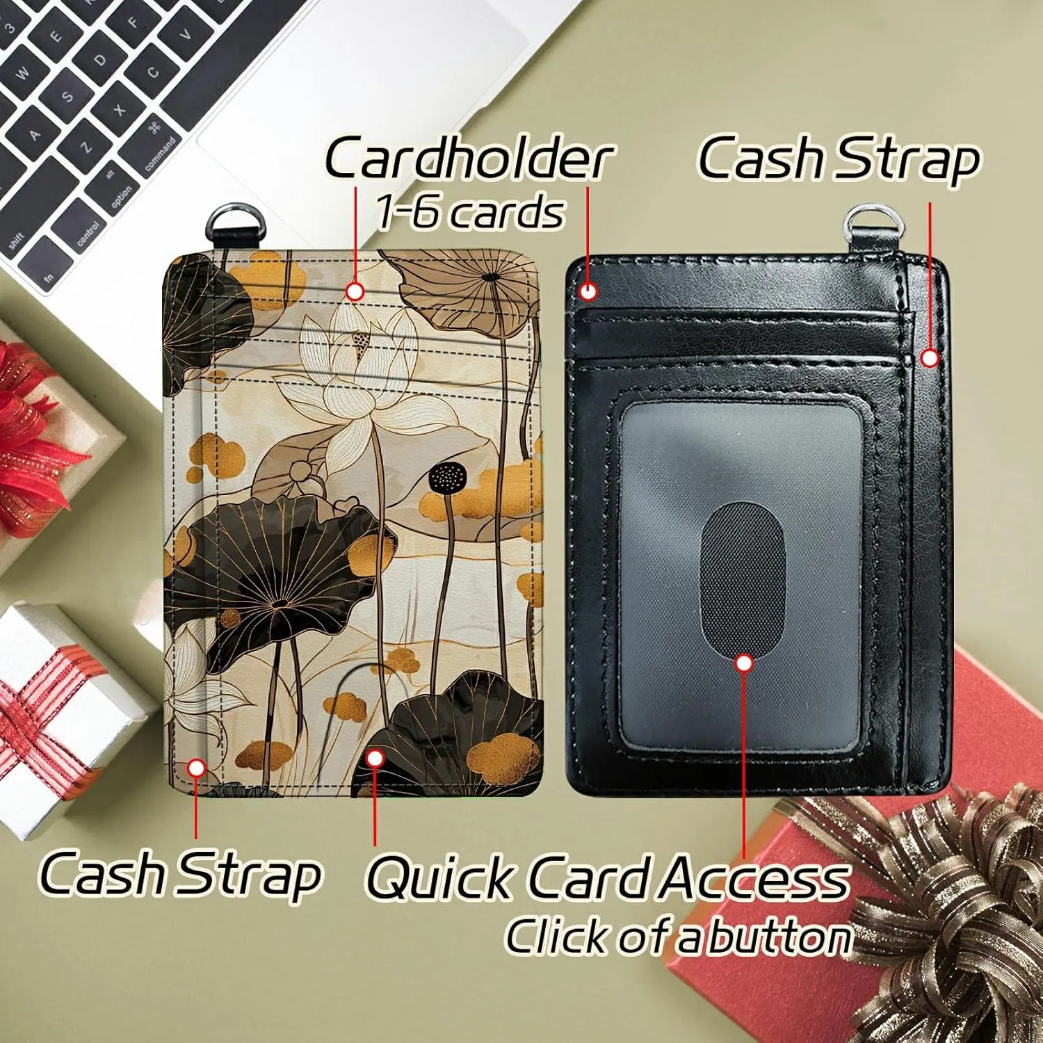 Small Travel Wallets, Art Lotus Slim Minimalist Front Pocket Wallet with Wristlet, RFID Blocking PU Leather Credit Card Holder with ID Window Change Purse for Men Women
