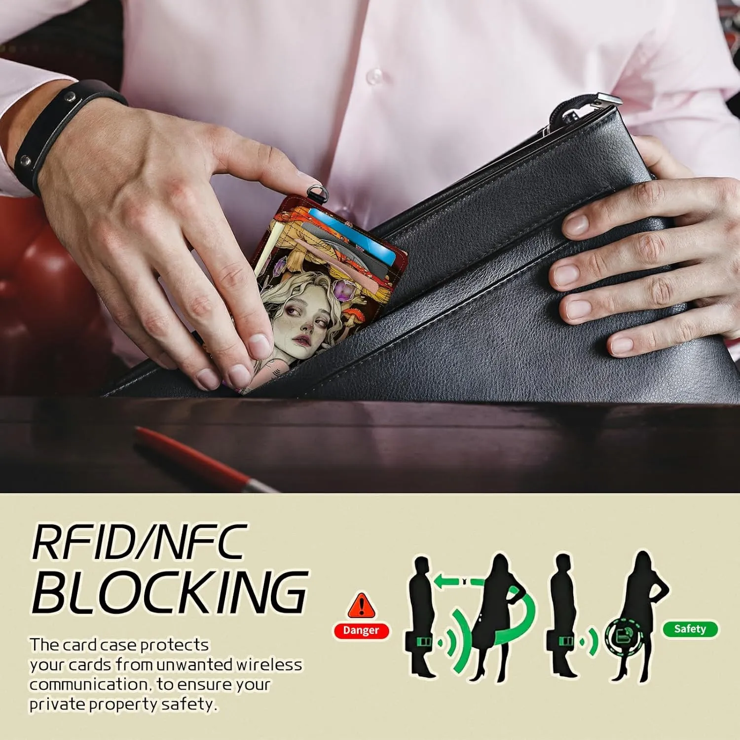 Small Travel Wallets, Art Mushroom Girl Slim Minimalist Front Pocket Wallet with Wristlet, RFID Blocking PU Leather Credit Card Holder with ID Window Change Purse for Men Women