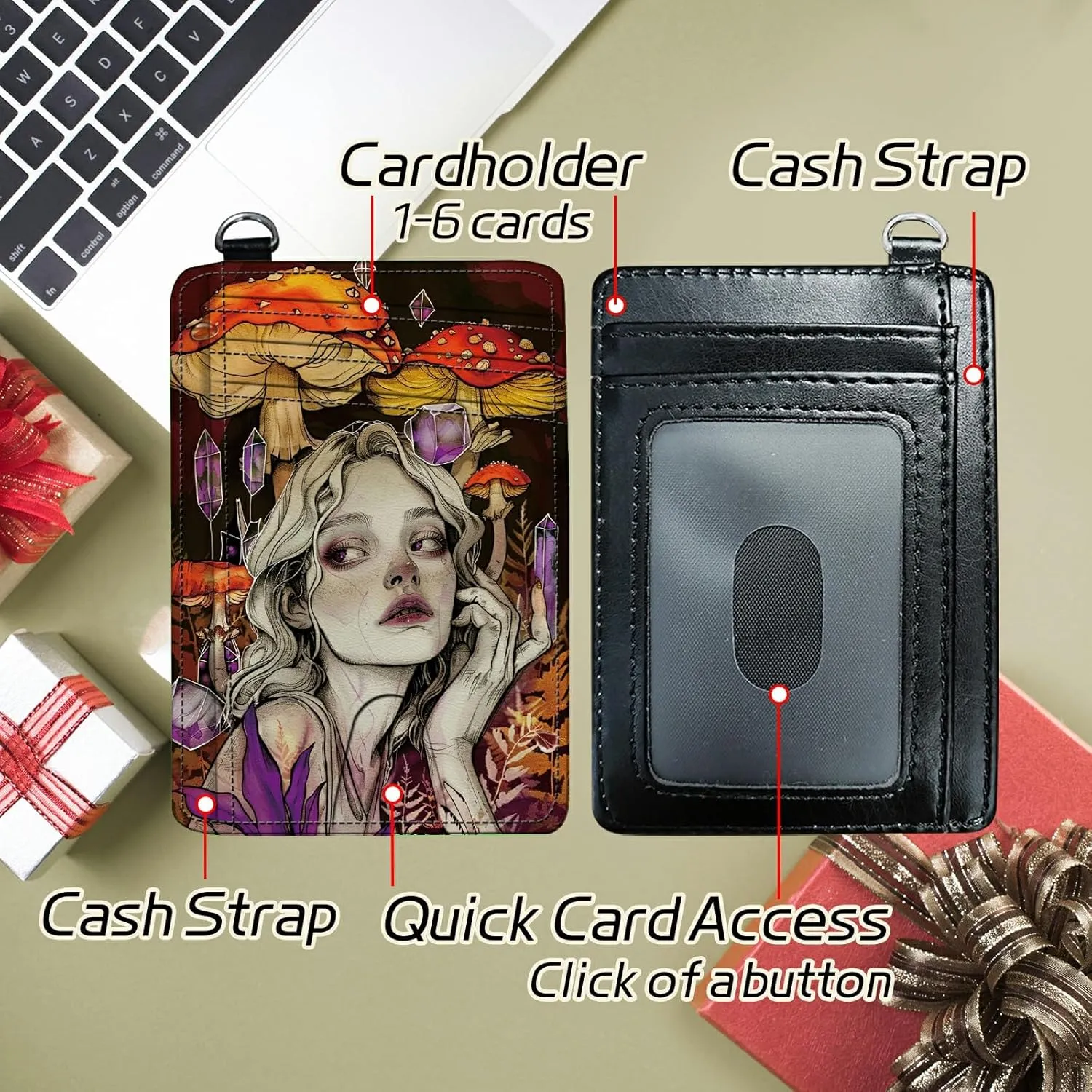 Small Travel Wallets, Art Mushroom Girl Slim Minimalist Front Pocket Wallet with Wristlet, RFID Blocking PU Leather Credit Card Holder with ID Window Change Purse for Men Women