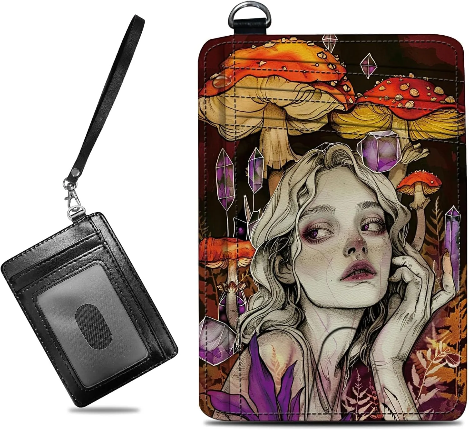 Small Travel Wallets, Art Mushroom Girl Slim Minimalist Front Pocket Wallet with Wristlet, RFID Blocking PU Leather Credit Card Holder with ID Window Change Purse for Men Women