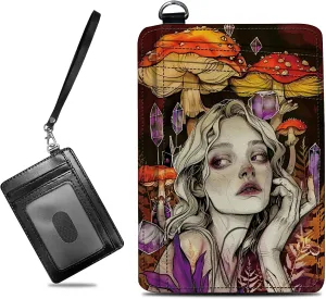 Small Travel Wallets, Art Mushroom Girl Slim Minimalist Front Pocket Wallet with Wristlet, RFID Blocking PU Leather Credit Card Holder with ID Window Change Purse for Men Women