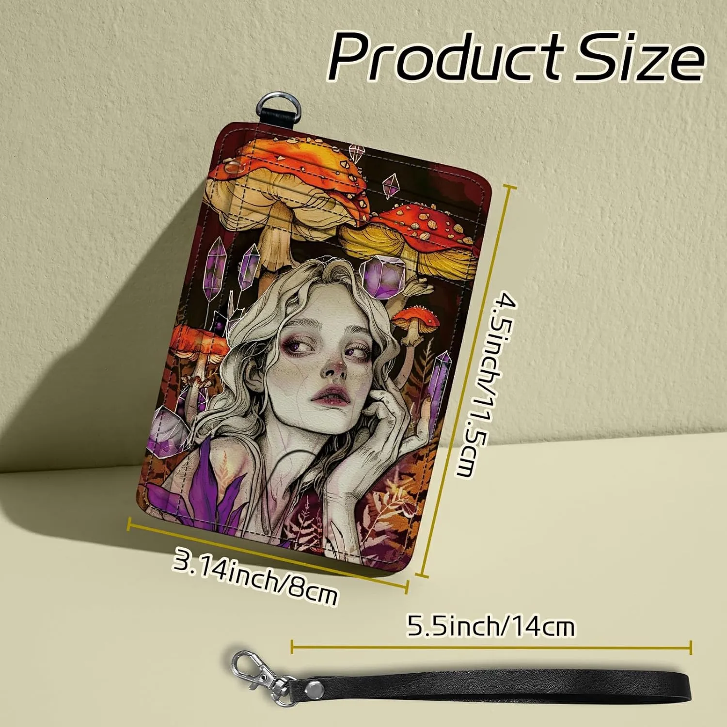 Small Travel Wallets, Art Mushroom Girl Slim Minimalist Front Pocket Wallet with Wristlet, RFID Blocking PU Leather Credit Card Holder with ID Window Change Purse for Men Women