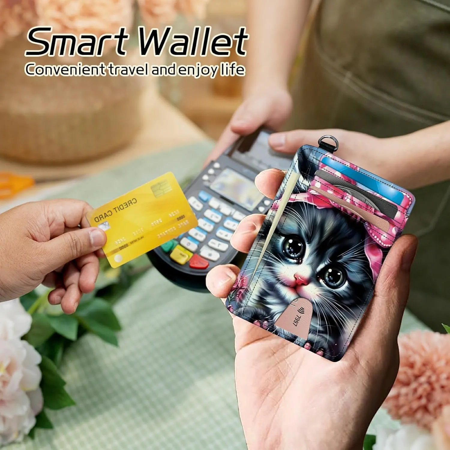 Small Travel Wallets, Baby Cat Slim Minimalist Front Pocket Wallet with Wristlet, RFID Blocking PU Leather Credit Card Holder with ID Window Change Purse for Men Women