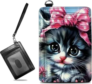 Small Travel Wallets, Baby Cat Slim Minimalist Front Pocket Wallet with Wristlet, RFID Blocking PU Leather Credit Card Holder with ID Window Change Purse for Men Women
