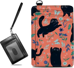 Small Travel Wallets, Black Cat Flowers Slim Minimalist Front Pocket Wallet with Wristlet, RFID Blocking PU Leather Credit Card Holder with ID Window Change Purse for Men Women