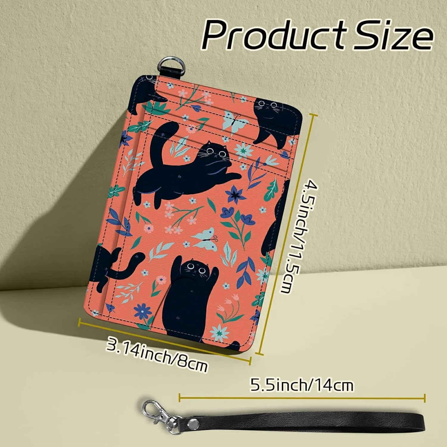 Small Travel Wallets, Black Cat Flowers Slim Minimalist Front Pocket Wallet with Wristlet, RFID Blocking PU Leather Credit Card Holder with ID Window Change Purse for Men Women