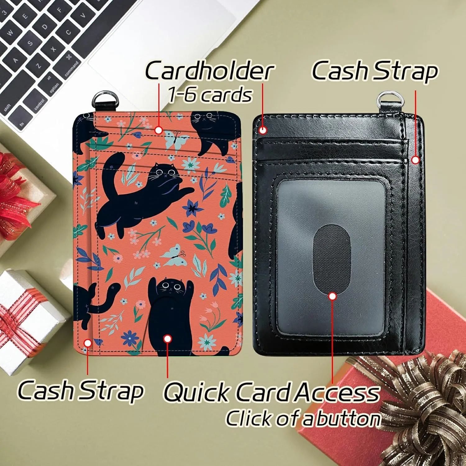 Small Travel Wallets, Black Cat Flowers Slim Minimalist Front Pocket Wallet with Wristlet, RFID Blocking PU Leather Credit Card Holder with ID Window Change Purse for Men Women