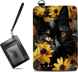 Small Travel Wallets, Black Cat Sunflowers Slim Minimalist Front Pocket Wallet with Wristlet, RFID Blocking PU Leather Credit Card Holder with ID Window Change Purse for Men Women