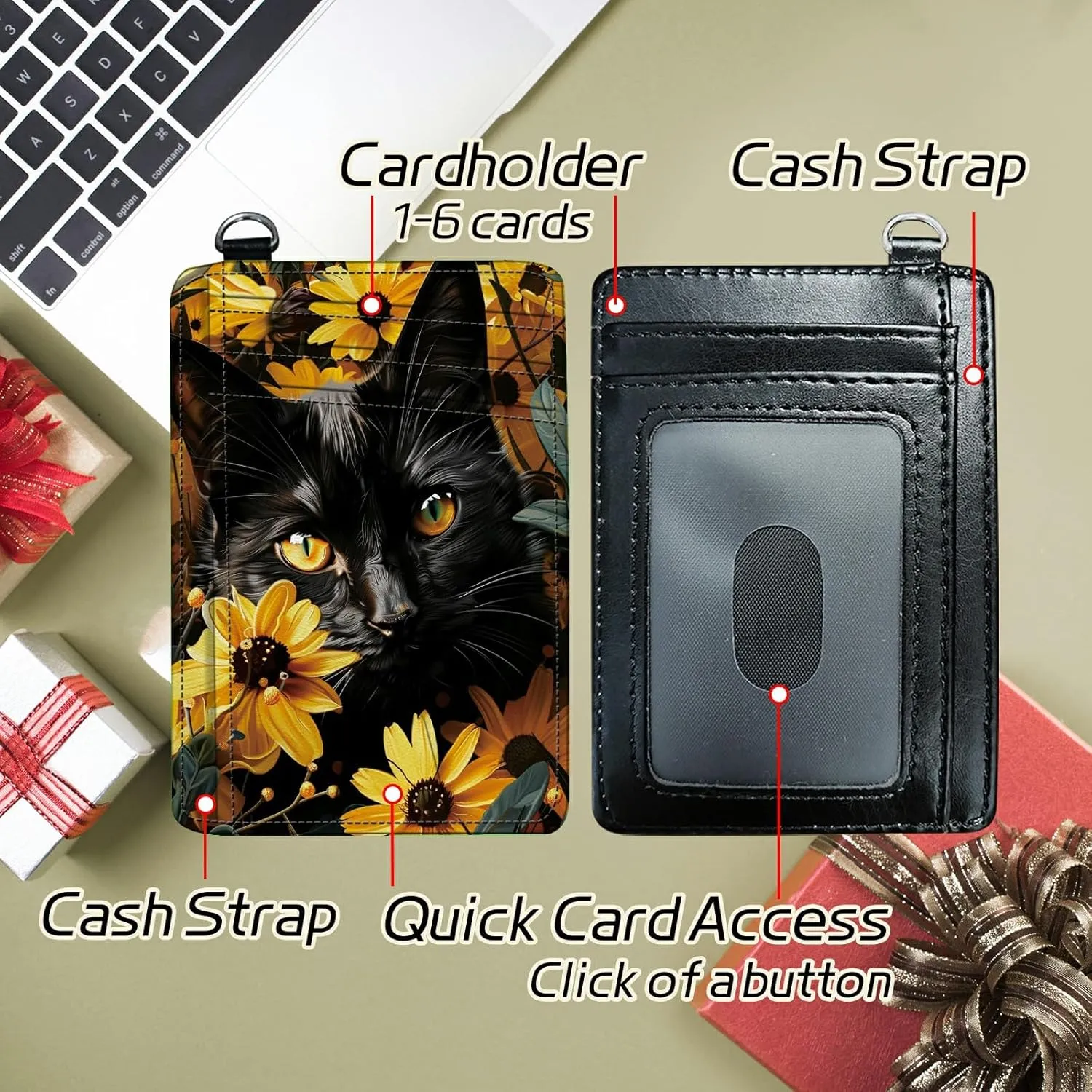 Small Travel Wallets, Black Cat Sunflowers Slim Minimalist Front Pocket Wallet with Wristlet, RFID Blocking PU Leather Credit Card Holder with ID Window Change Purse for Men Women
