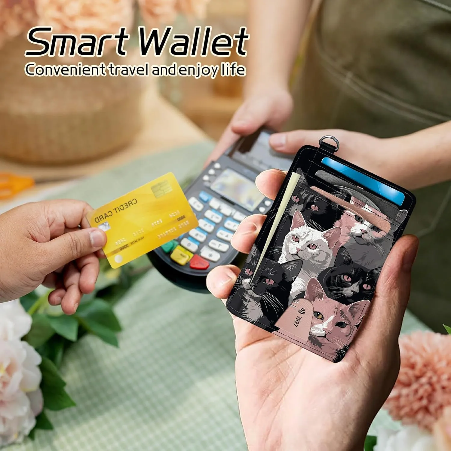 Small Travel Wallets, Black Pink Cats Slim Minimalist Front Pocket Wallet with Wristlet, RFID Blocking PU Leather Credit Card Holder with ID Window Change Purse for Men Women