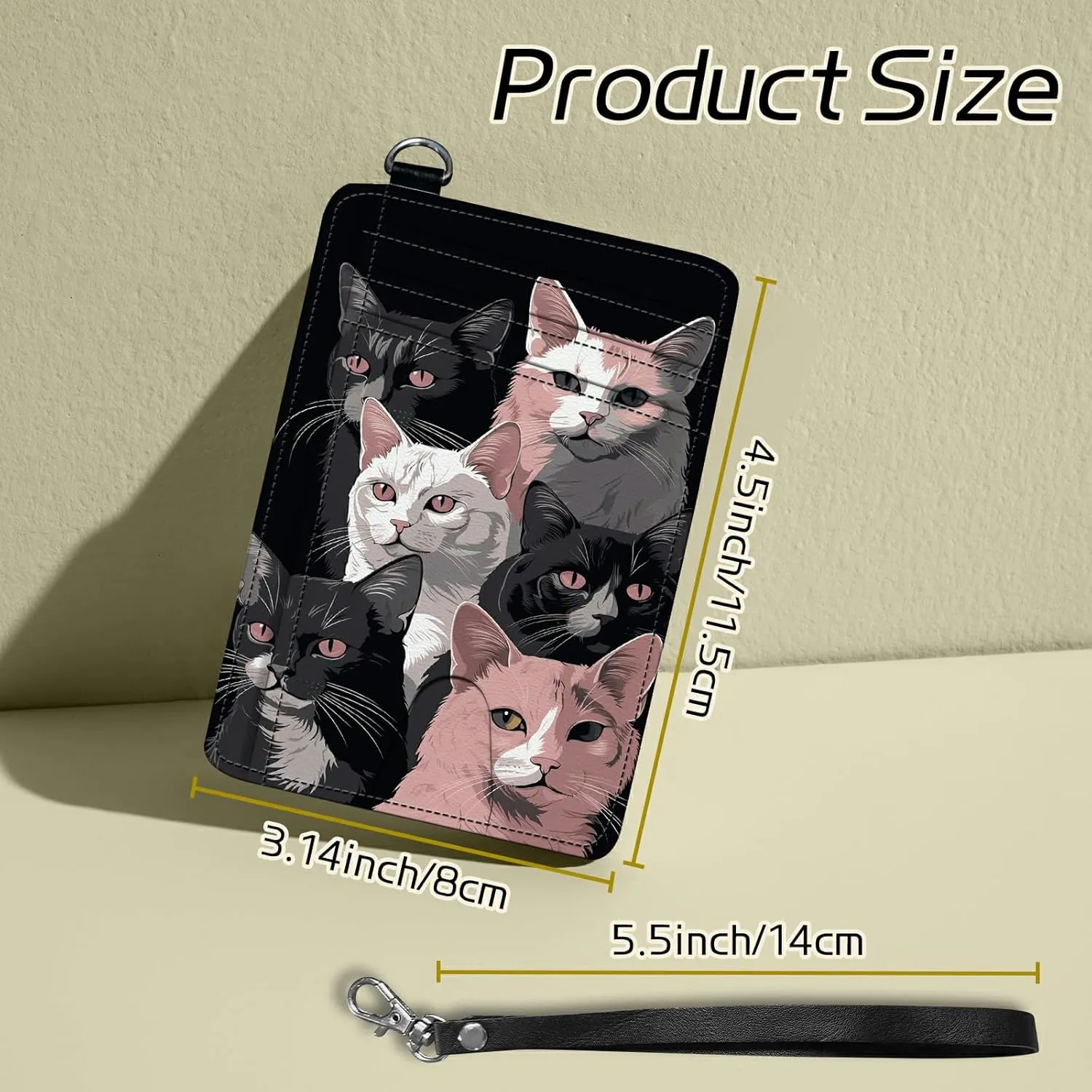 Small Travel Wallets, Black Pink Cats Slim Minimalist Front Pocket Wallet with Wristlet, RFID Blocking PU Leather Credit Card Holder with ID Window Change Purse for Men Women