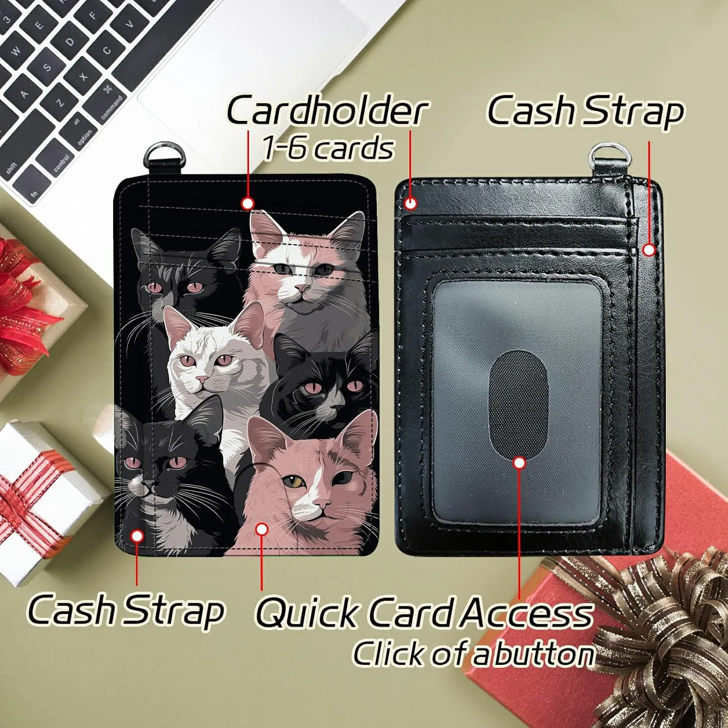 Small Travel Wallets, Black Pink Cats Slim Minimalist Front Pocket Wallet with Wristlet, RFID Blocking PU Leather Credit Card Holder with ID Window Change Purse for Men Women