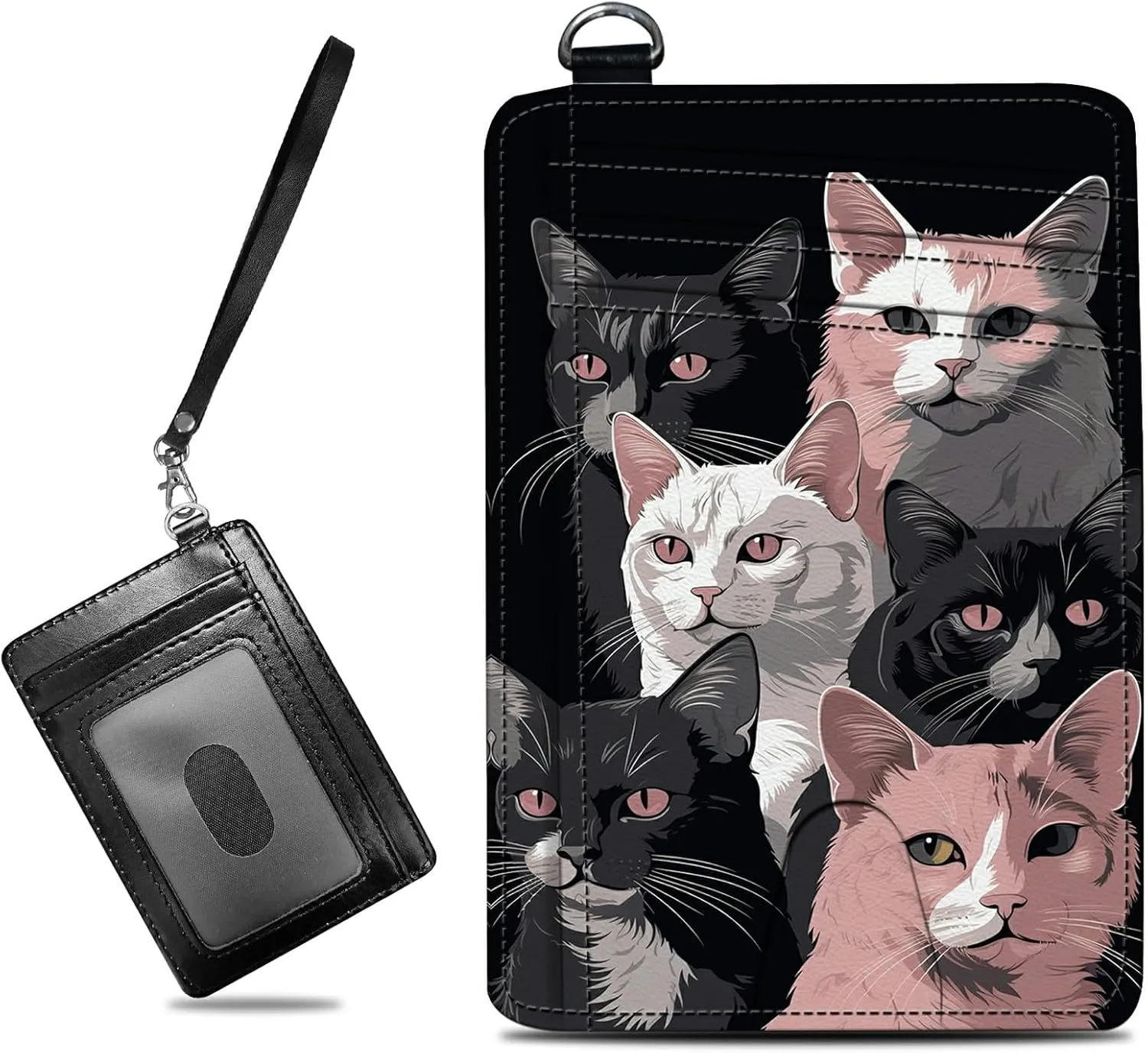 Small Travel Wallets, Black Pink Cats Slim Minimalist Front Pocket Wallet with Wristlet, RFID Blocking PU Leather Credit Card Holder with ID Window Change Purse for Men Women