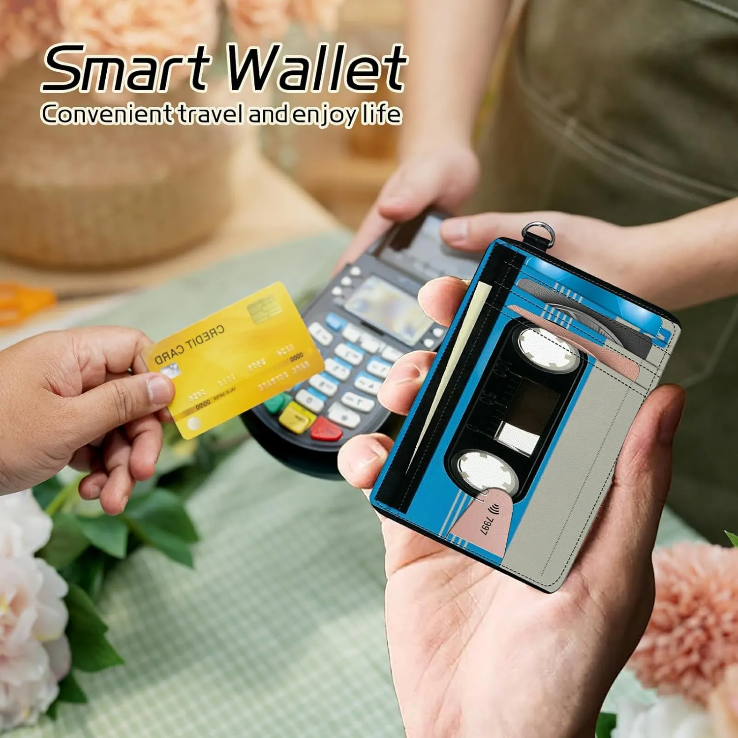 Small Travel Wallets, Blue Cassette Slim Minimalist Front Pocket Wallet with Wristlet, RFID Blocking PU Leather Credit Card Holder with ID Window Change Purse for Men Women