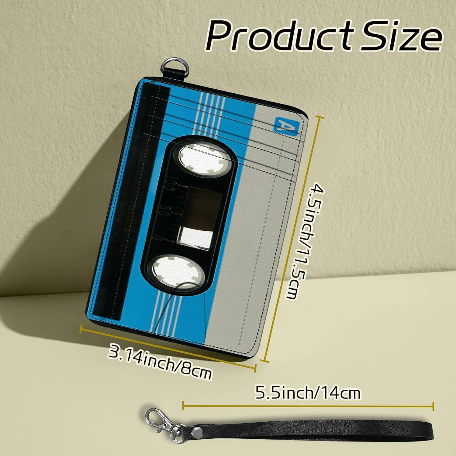 Small Travel Wallets, Blue Cassette Slim Minimalist Front Pocket Wallet with Wristlet, RFID Blocking PU Leather Credit Card Holder with ID Window Change Purse for Men Women