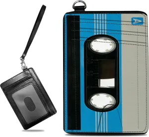 Small Travel Wallets, Blue Cassette Slim Minimalist Front Pocket Wallet with Wristlet, RFID Blocking PU Leather Credit Card Holder with ID Window Change Purse for Men Women