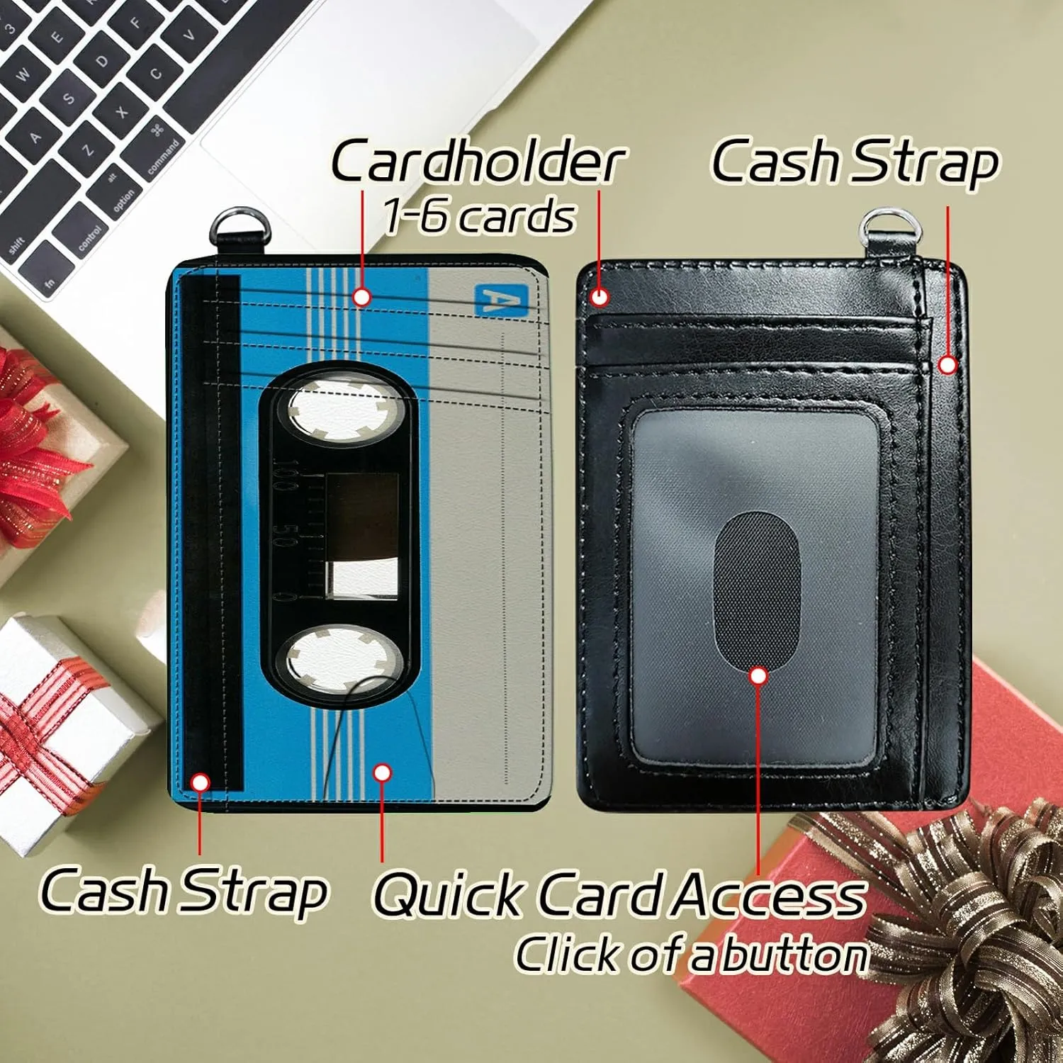Small Travel Wallets, Blue Cassette Slim Minimalist Front Pocket Wallet with Wristlet, RFID Blocking PU Leather Credit Card Holder with ID Window Change Purse for Men Women