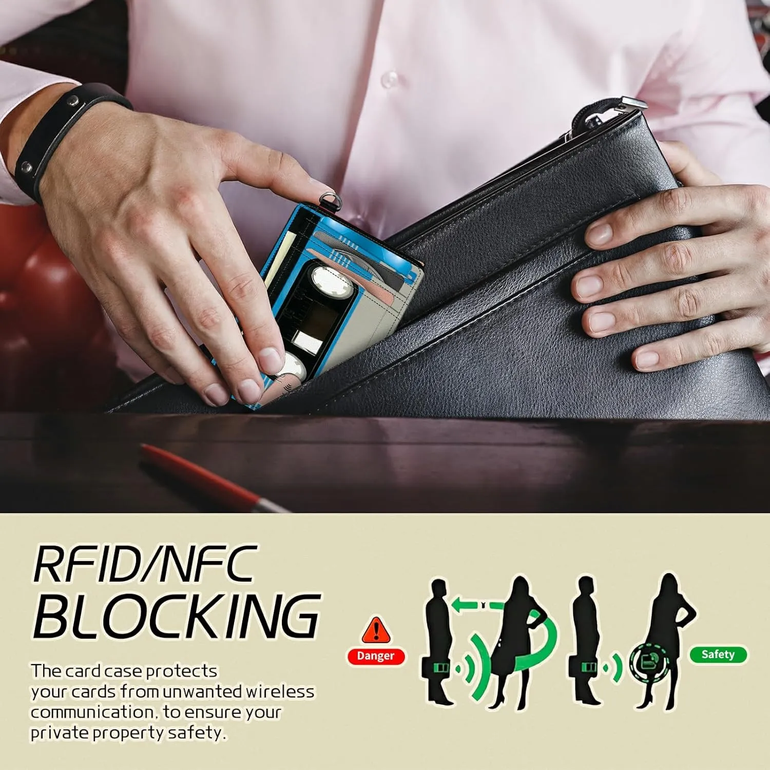 Small Travel Wallets, Blue Cassette Slim Minimalist Front Pocket Wallet with Wristlet, RFID Blocking PU Leather Credit Card Holder with ID Window Change Purse for Men Women