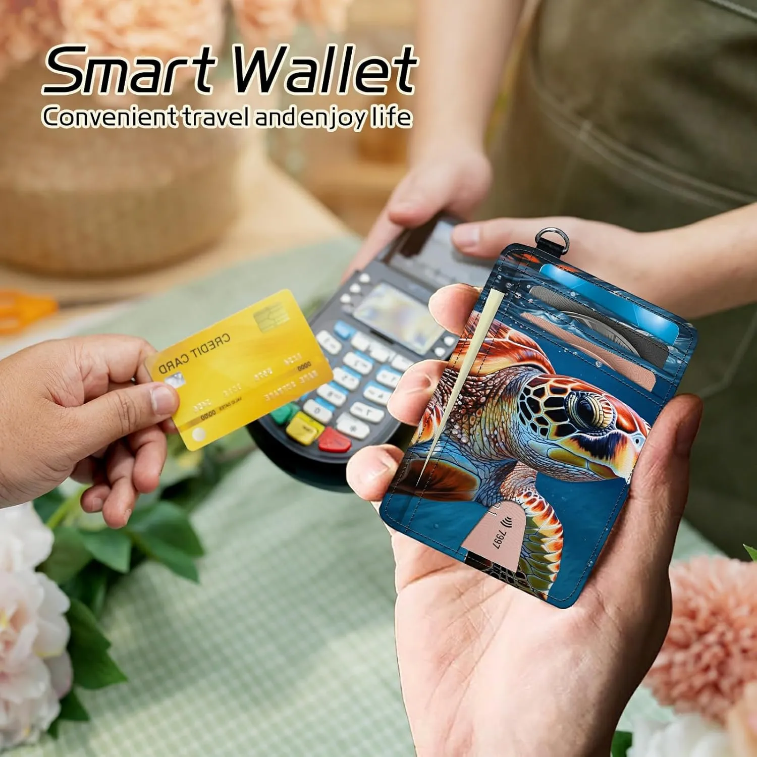 Small Travel Wallets, Turtle Head Slim Minimalist Front Pocket Wallet with Wristlet, RFID Blocking PU Leather Credit Card Holder with ID Window Change Purse for Men Women