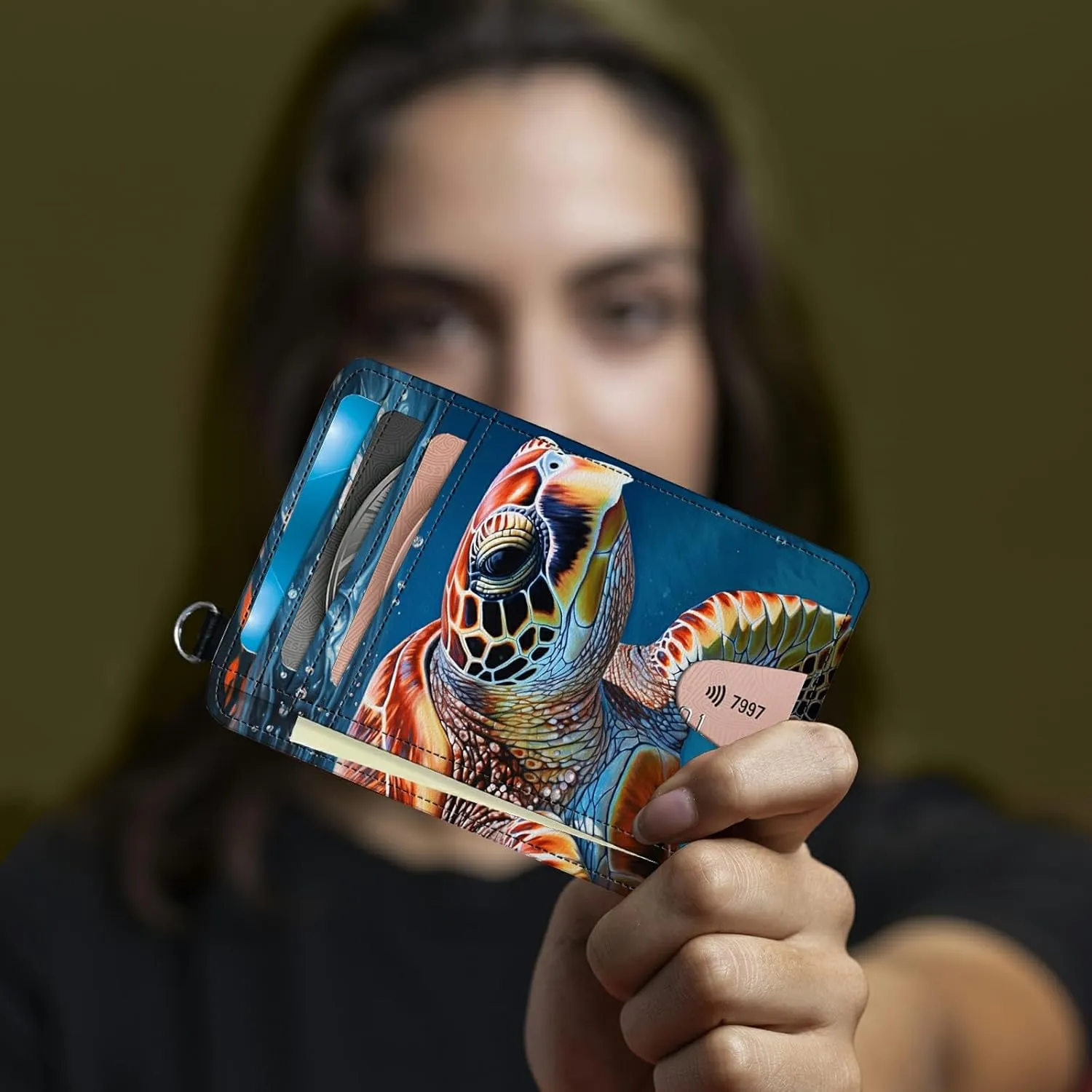 Small Travel Wallets, Turtle Head Slim Minimalist Front Pocket Wallet with Wristlet, RFID Blocking PU Leather Credit Card Holder with ID Window Change Purse for Men Women