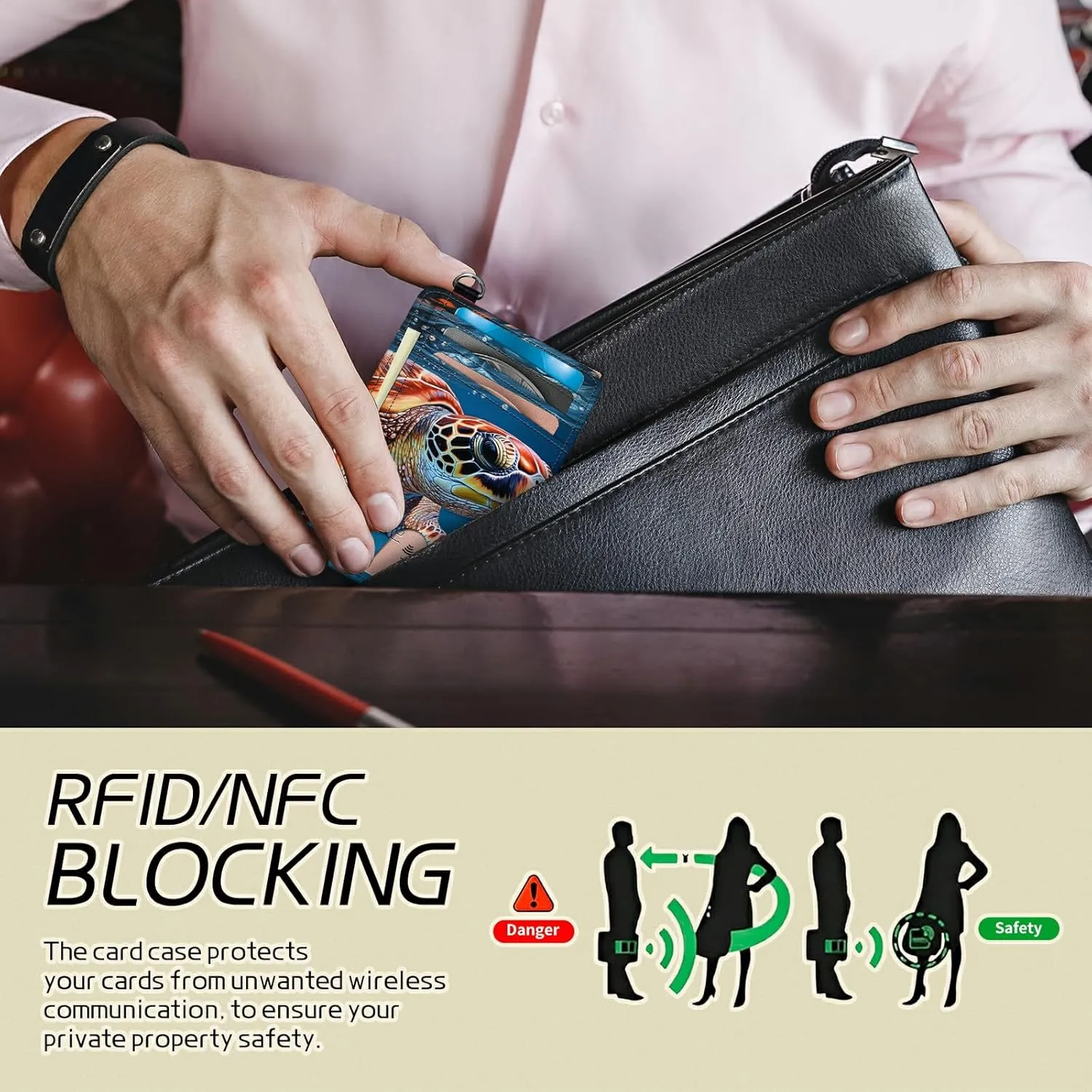 Small Travel Wallets, Turtle Head Slim Minimalist Front Pocket Wallet with Wristlet, RFID Blocking PU Leather Credit Card Holder with ID Window Change Purse for Men Women