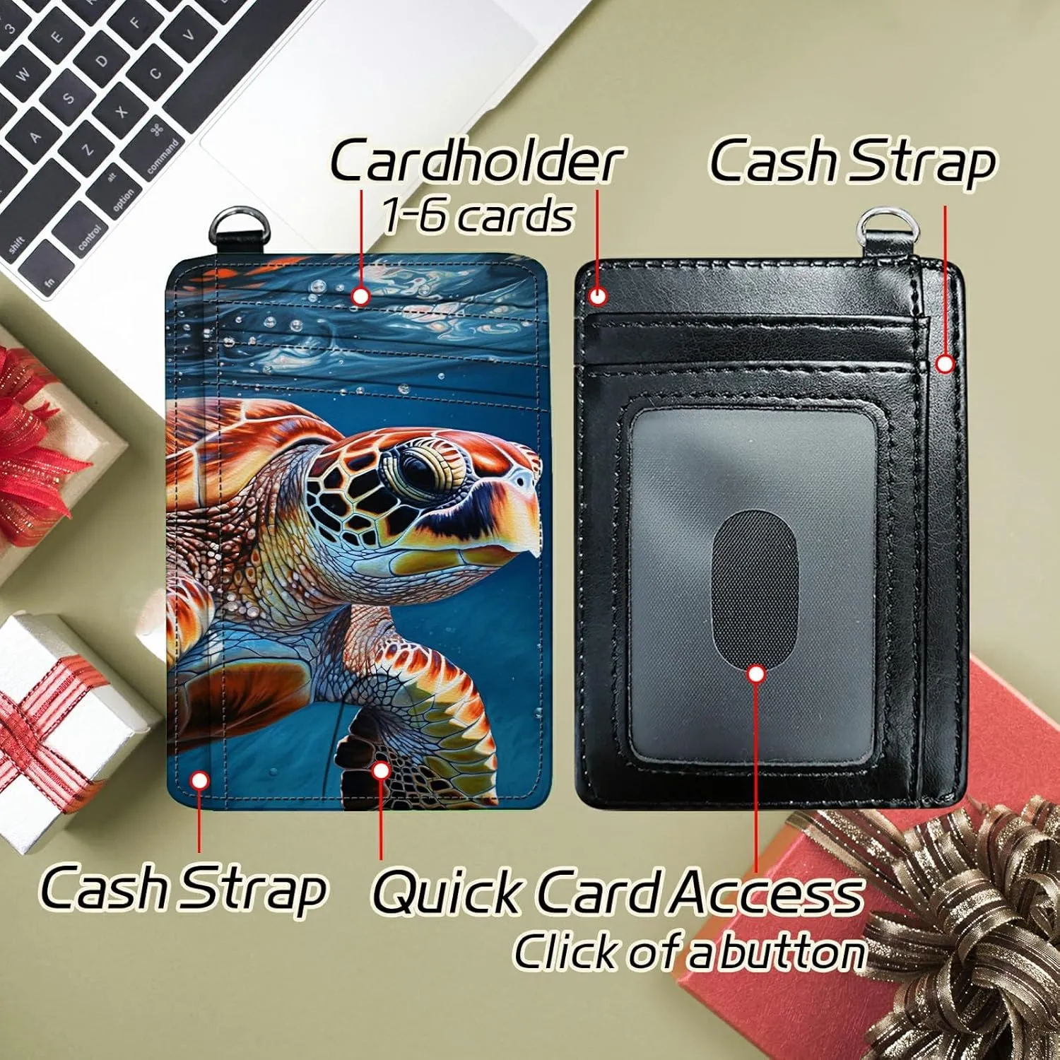 Small Travel Wallets, Turtle Head Slim Minimalist Front Pocket Wallet with Wristlet, RFID Blocking PU Leather Credit Card Holder with ID Window Change Purse for Men Women