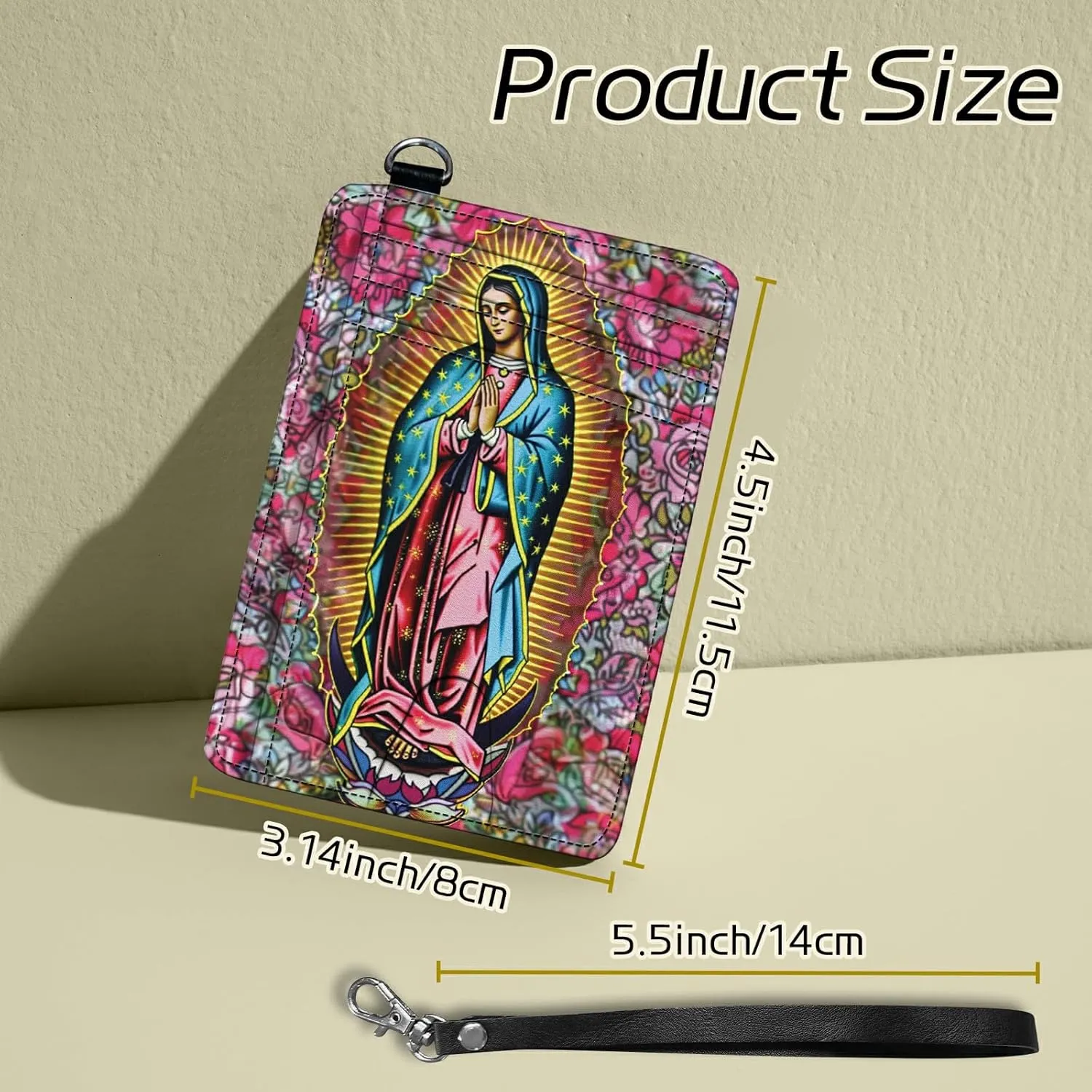 Small Travel Wallets, Virgin Mary Slim Minimalist Front Pocket Wallet with Wristlet, RFID Blocking PU Leather Credit Card Holder with ID Window Change Purse for Men Women