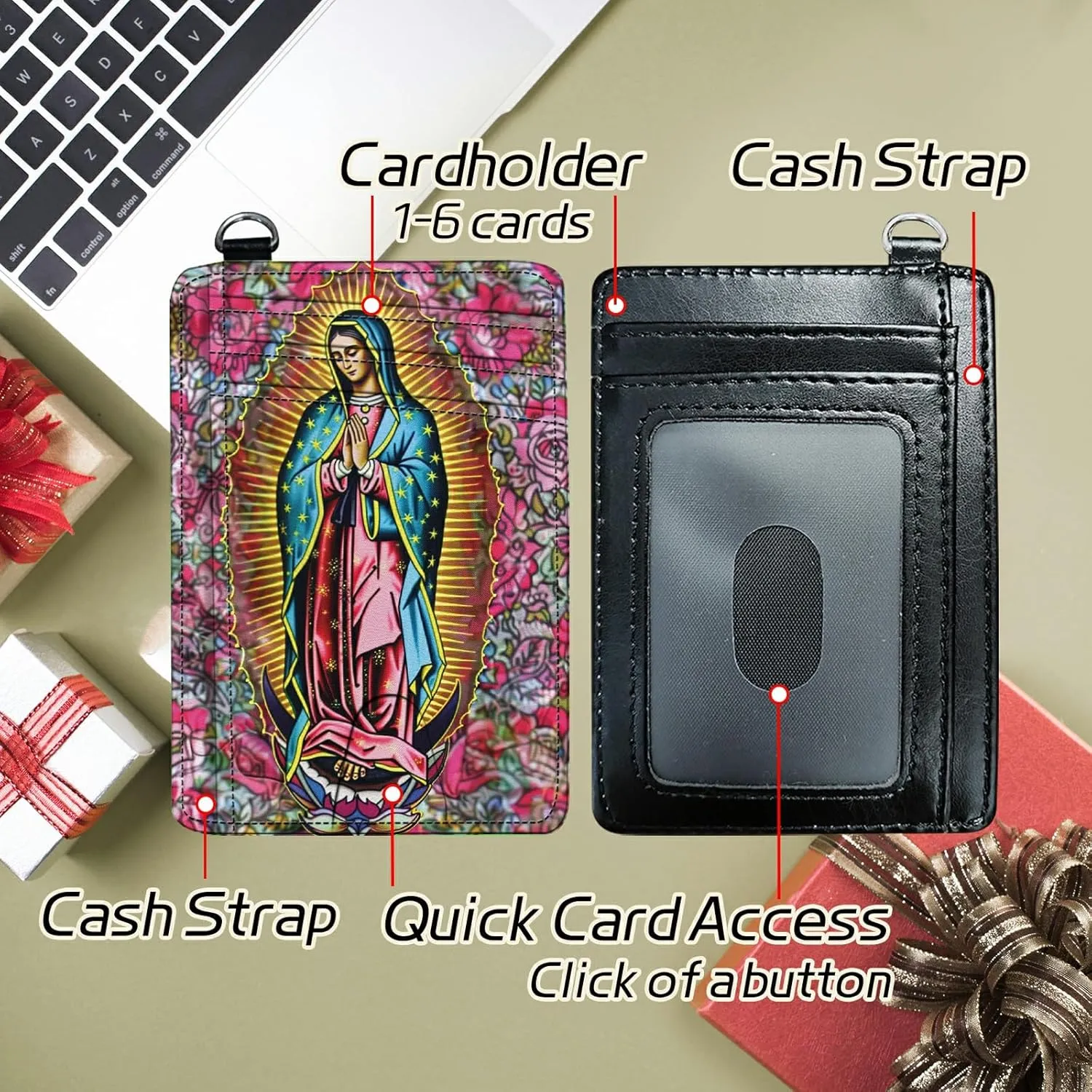 Small Travel Wallets, Virgin Mary Slim Minimalist Front Pocket Wallet with Wristlet, RFID Blocking PU Leather Credit Card Holder with ID Window Change Purse for Men Women