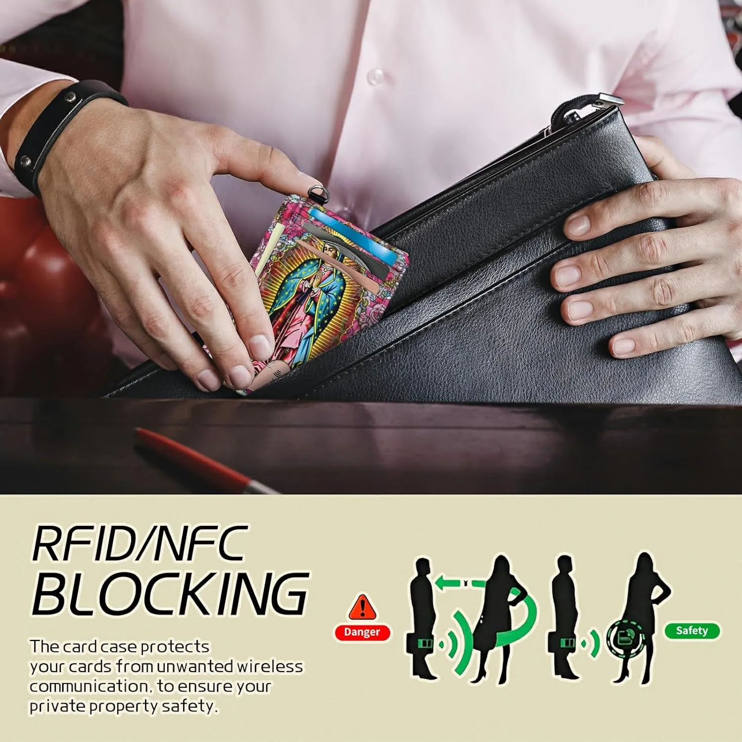 Small Travel Wallets, Virgin Mary Slim Minimalist Front Pocket Wallet with Wristlet, RFID Blocking PU Leather Credit Card Holder with ID Window Change Purse for Men Women