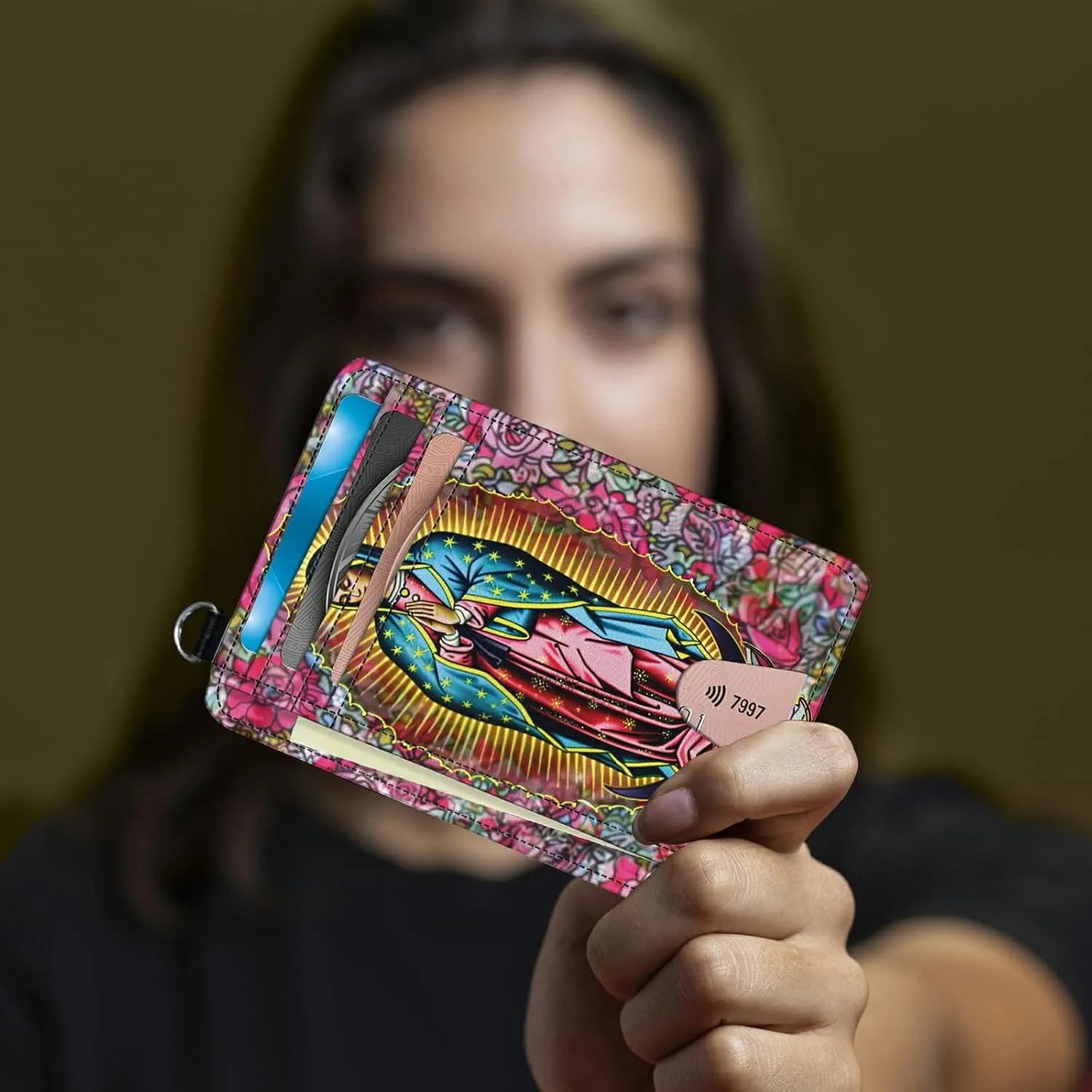 Small Travel Wallets, Virgin Mary Slim Minimalist Front Pocket Wallet with Wristlet, RFID Blocking PU Leather Credit Card Holder with ID Window Change Purse for Men Women