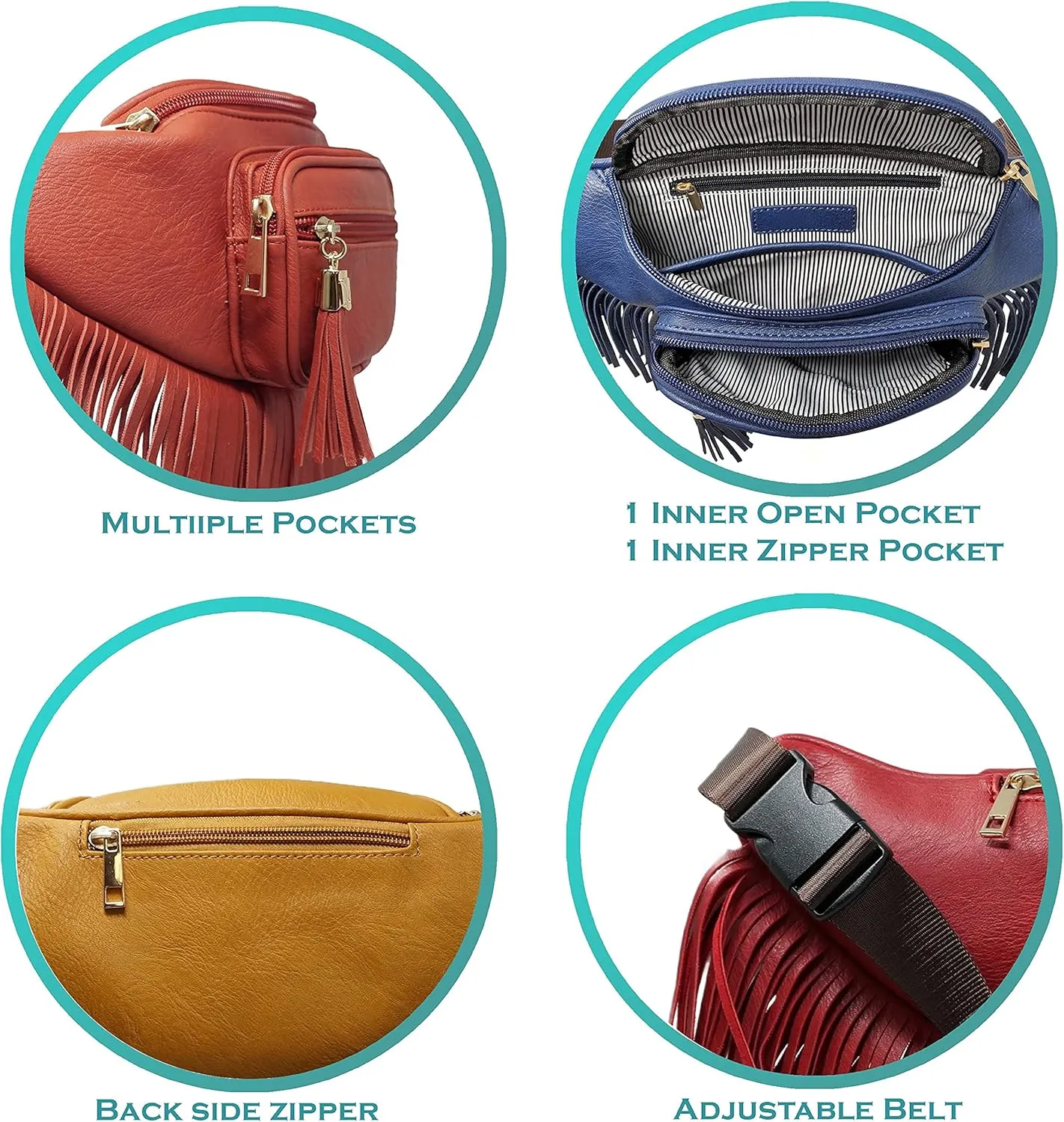 Solene Fringe Waist bag for women with Multi Zipper Pockets