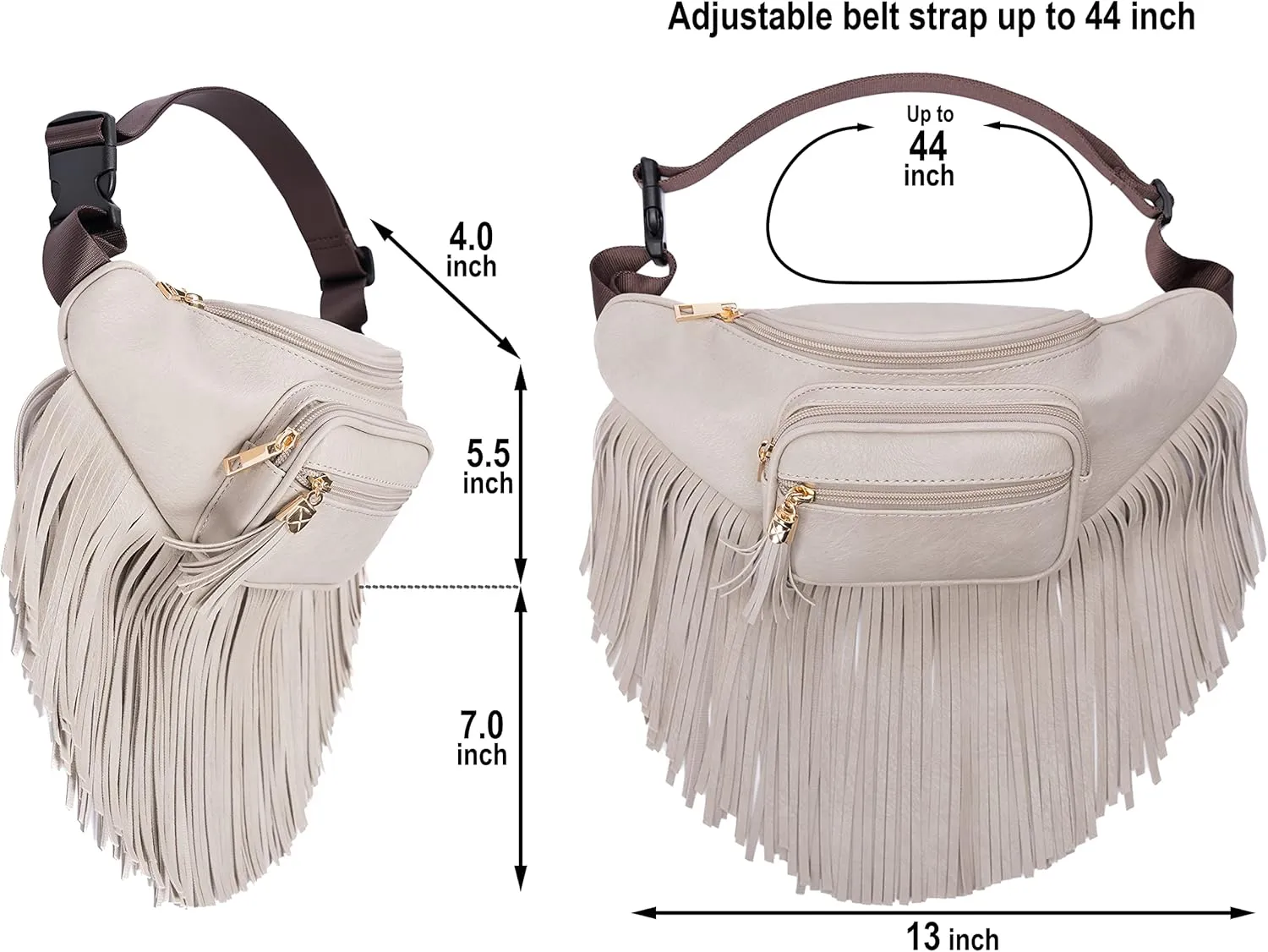 Solene Fringe Waist bag for women with Multi Zipper Pockets