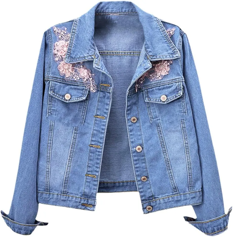 Spring Women Floral Embroidery Crop Denim Jacket Pearl Bead Short Girls Slim Fit Beading Jean Coat