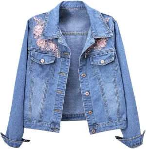 Spring Women Floral Embroidery Crop Denim Jacket Pearl Bead Short Girls Slim Fit Beading Jean Coat